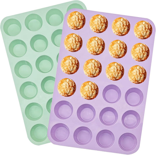 24 Cups Silicone Mini Muffin Pan Set, Nonstick Mini Cupcake Pans, BPA Free Small Muffin Tin for Baking, Set of 2 (Green+Purple)