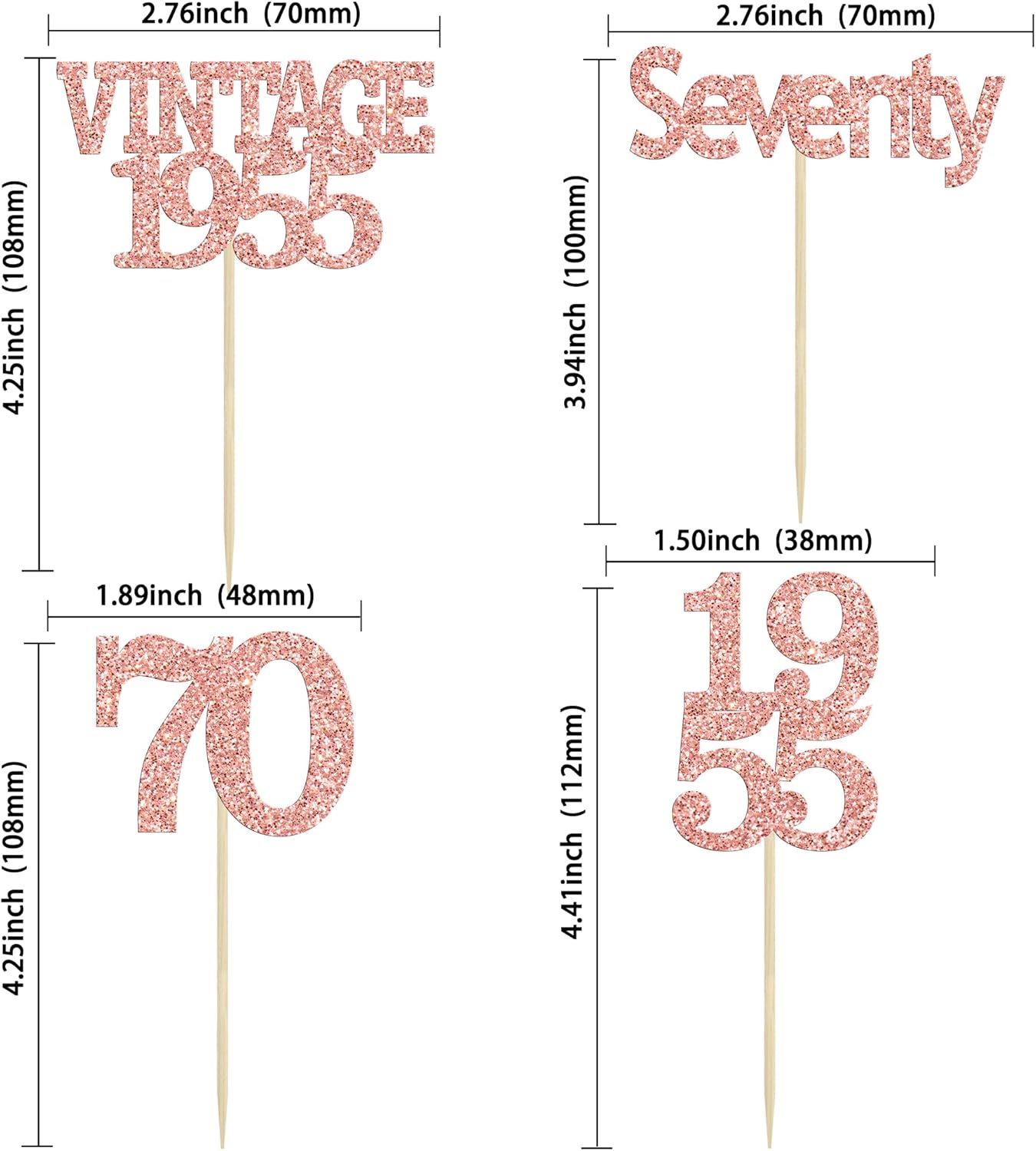 Gyufise 24Pcs 70th Birthday Cupcake Toppers Glitter Cheers to 70 Fabulous Seventy Vintage 1955 Cupcake Picks 70th Birthday Wedding Anniversary Party Cake Decorations Supplies Rose Gold