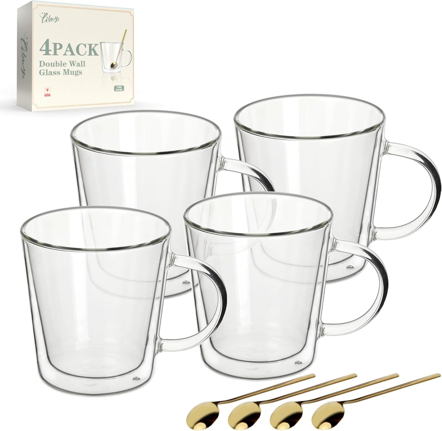 LIBWYS 12oz Double Wall Glass Coffee Mugs, Cappuccino Latte Tea Cups with Handle, Heat Resistant Borosilicate Insulated Clear Glasses (Set of 4)