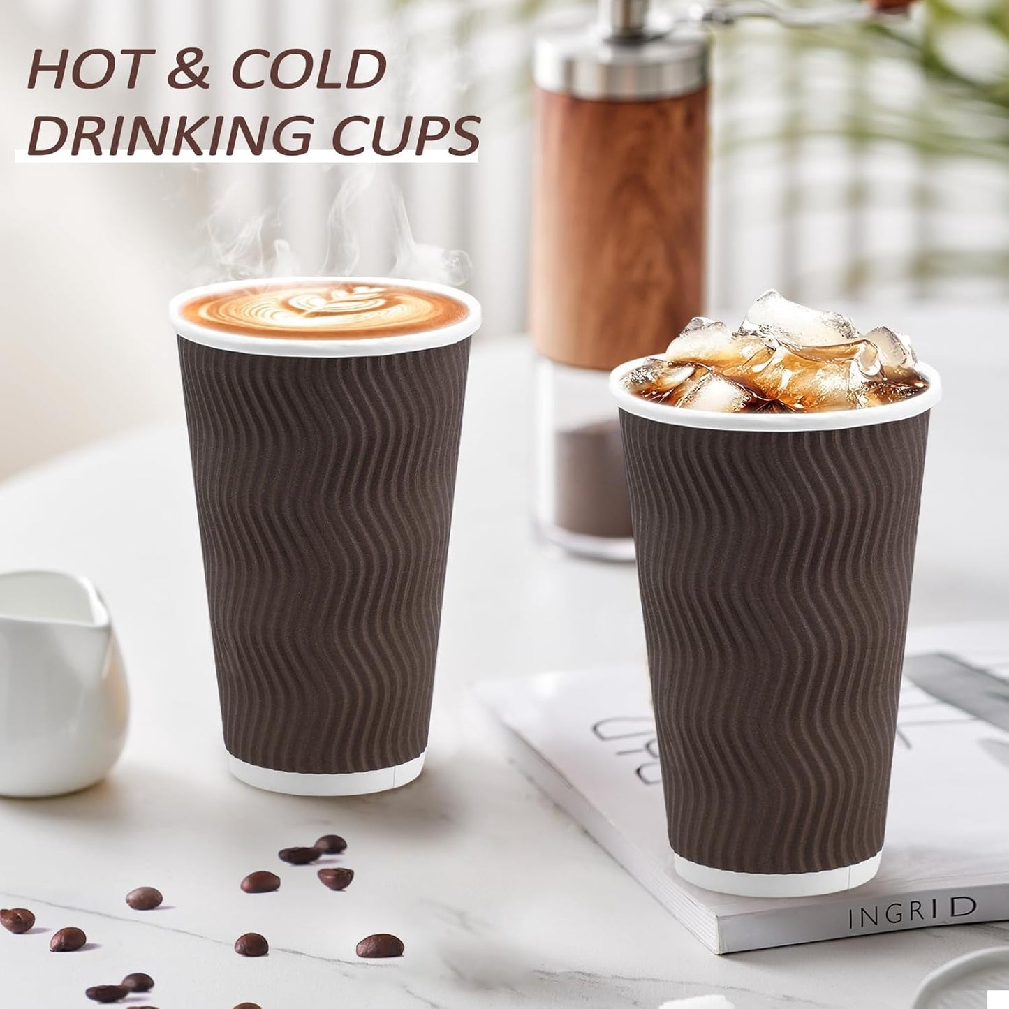 16 oz Coffee Cups Disposable, 90 Count Insulated Paper Coffee Cups, Corrugated Ripple Wall Design Paper Cup, Hot Cold Drinking Cup for Party, Picnic, Travel, Business, Home