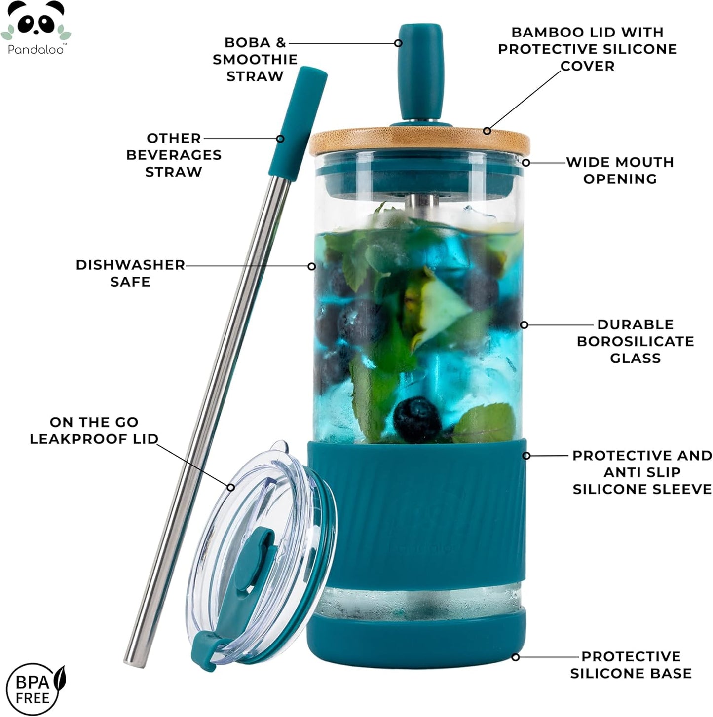 Pandaloo® Glass Cups With Lids and Straws -20 Fl Oz- Perfect Size Iced Coffee Cup - Smoothie Cup With Bamboo Lid and On the go Lid - Glass Tumbler With Straw (1 Count (Pack of 1), Intense Teal)