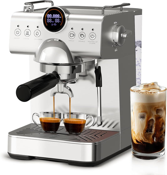 20 Bar Espresso Machine with Cold Brew,Stainless Steel Espresso Coffee Maker with Milk Frother,Latte & Cappuccino Machine for Home,50 oz Removable Water Tank,Dual-Temperature,Semi-Automatic