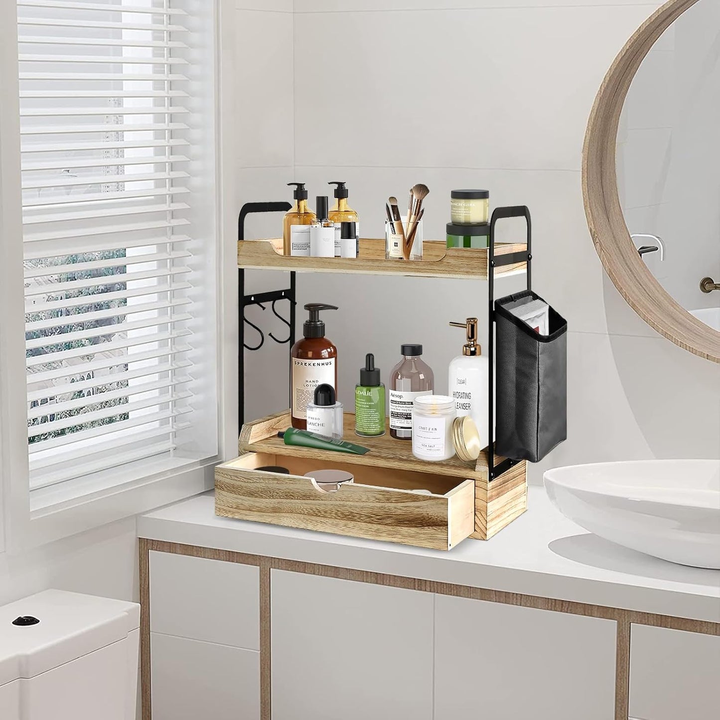 Coffee Station Organizer for Counter, Condiment Storage Caddy for Kitchen with Hooks and Bag,2 Tier Wooden Shelf for Coffee Bar Accessories,Coffee Bar Organizer for Kitchen, Home, Office-Brown