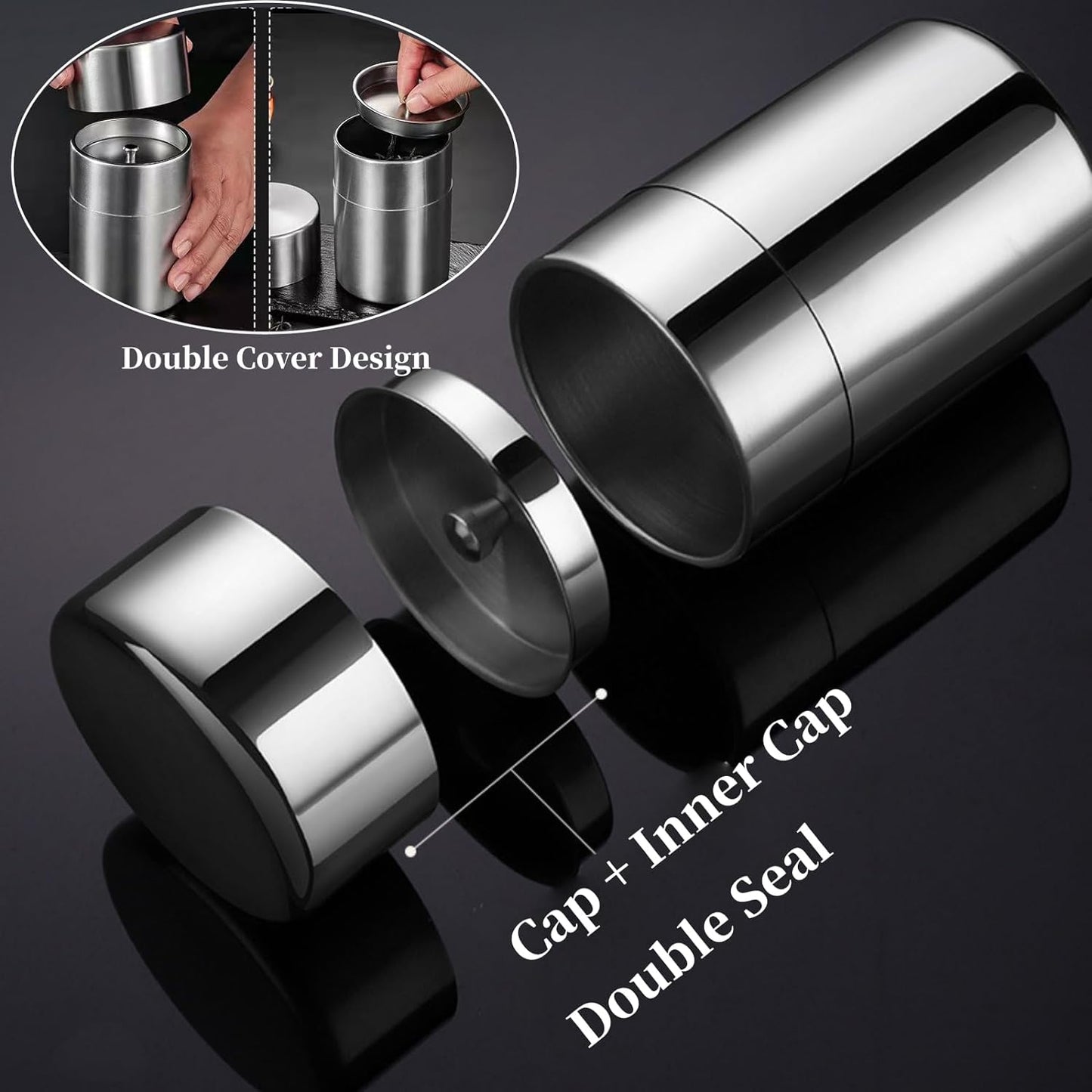 AUNMAS Tea Tin Canister, Stainless Steel Coffee Sugar Storage Container with Airtight Double Lids for Loose Tea, Kitchen Cup for Coffee Sugar Seasoning Storage (550ml)