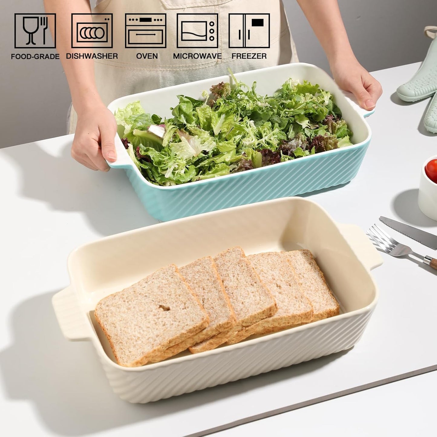 Sweejar Ceramic 13 x 9 Baking Pan, Cake Baking Dish for Brownie, Porcelain Striped Casserole Dishes for Oven with Handle for Lasagna, Family Dinner(Beige)