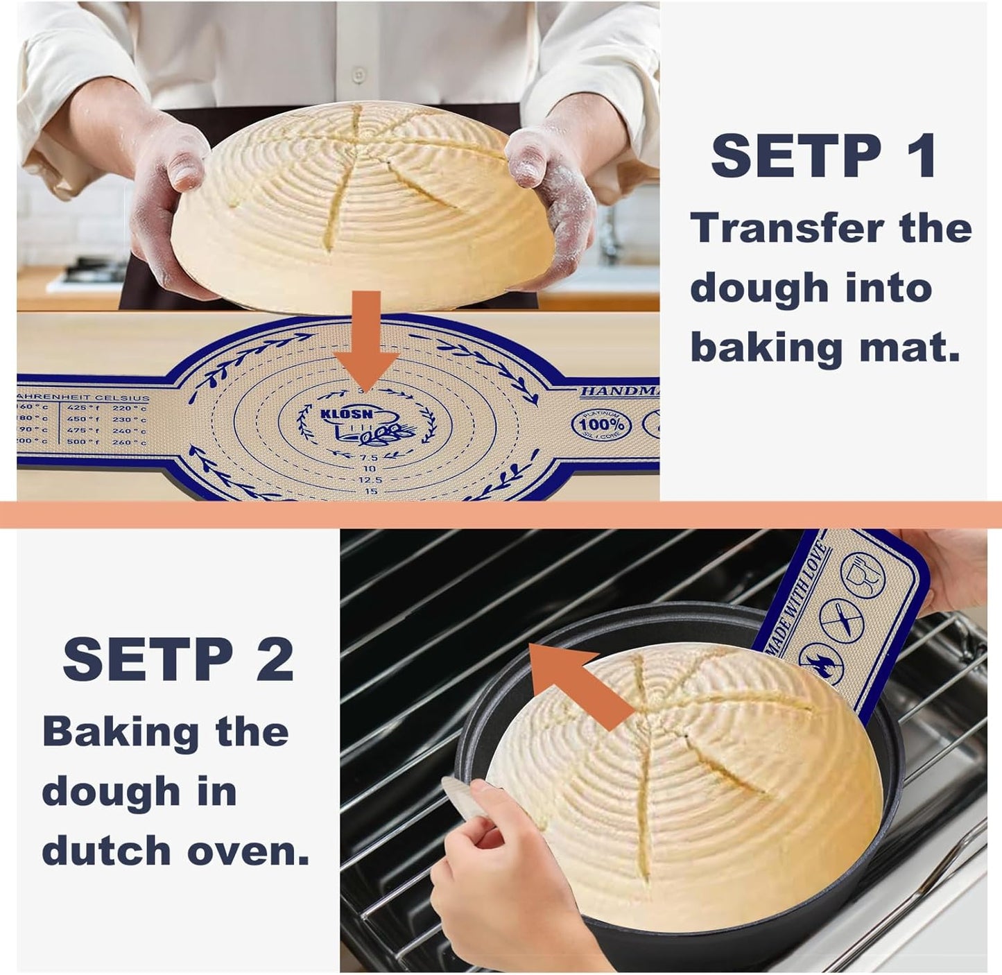 Silicone Bread Sling for Dutch Oven, 2 Pack (8" & 10" Round) – Non-Stick & 500°F Heat Resistant Sourdough Mat, Easy to Clean, Reusable Food-Grade Sourdough Slings - Fits 5–7 qt Dutch Ovens