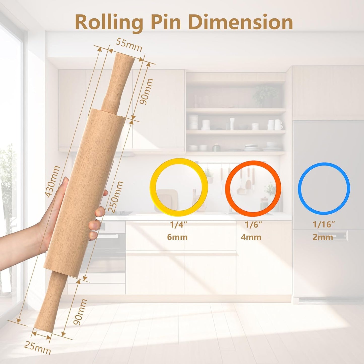 Classic Wooden Rolling Pin with Handle for Fondant, Pizza, Pies, Cookies, Pastries, Rolling Pin for Baking with 3 Multi-Color Thickness Rings, 17"x2.5" (Include handle) Beechwood Rolling Pin