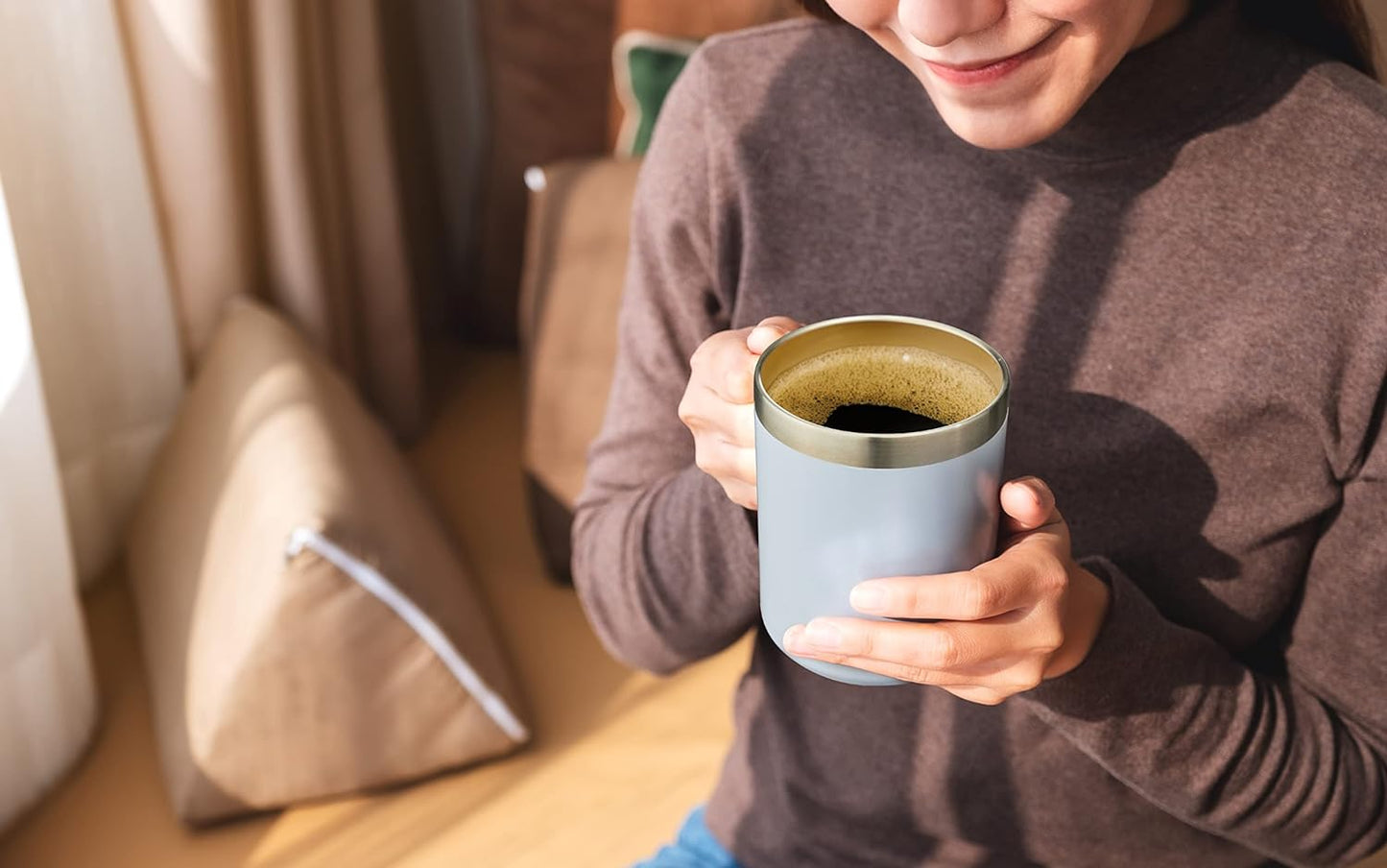 ALOUFEA 12oz Stainless Steel Insulated Coffee Mug with Handle, Double Wall Vacuum Tumbler Cup with Fliping Lid, Army Green, 4 Pack