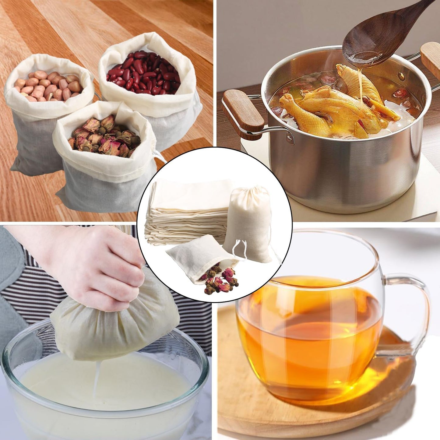 Eketirry Spice Bags, 10pcs Reusable Empty Tea Bags, Muslin Strainer Bags, Soup Bags for Cooking, Natural Cotton Fine Mesh Cheesecloth Bags for Cold Brew Coffee(4 x6"&7 x8")