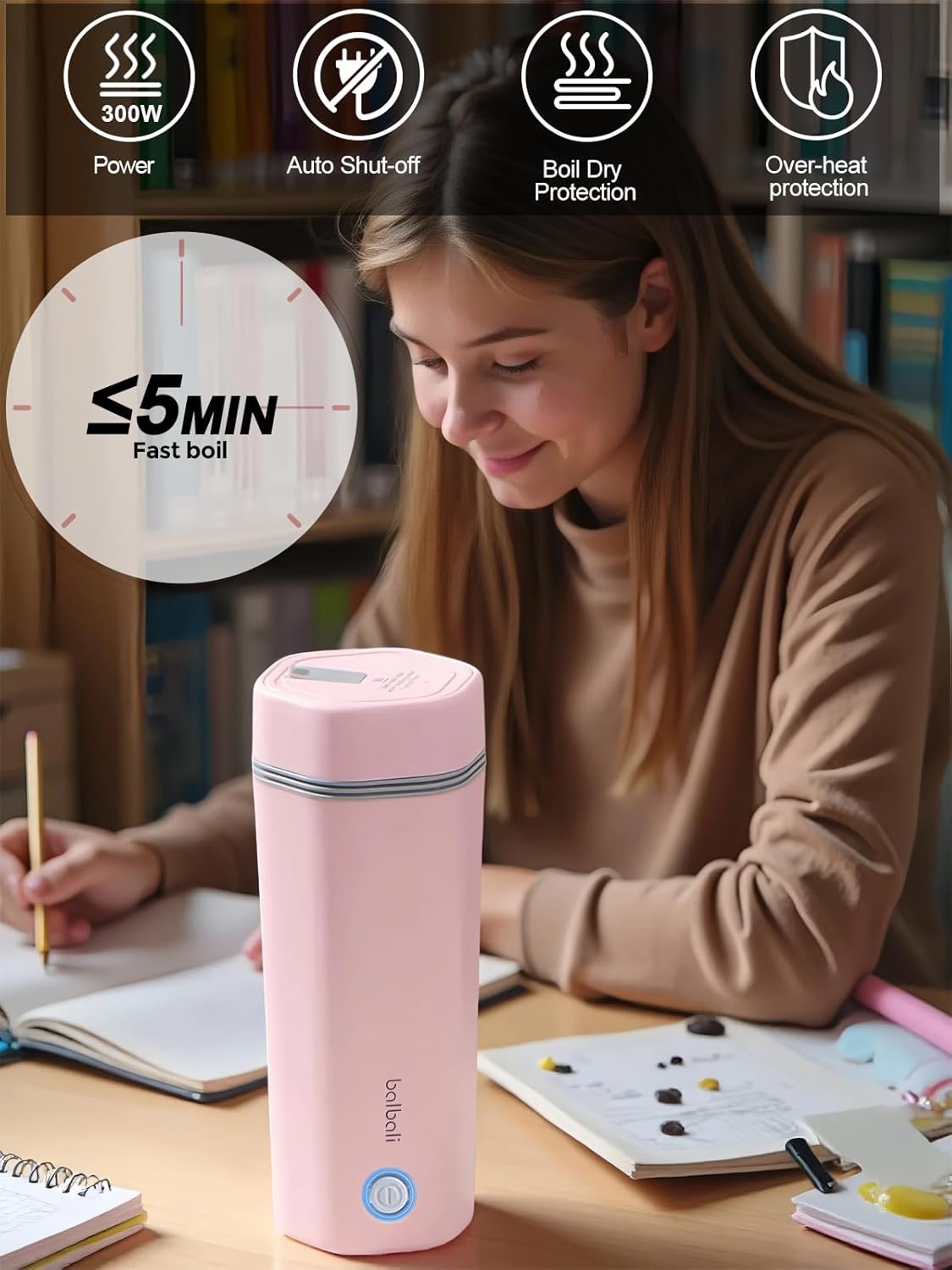 balbali Travel Kettle - 12oz Portable Electric Kettle for Boiling Water - Self Heating Cup/Thermos - Single Size Personal Tea Maker -Hot Water Boiler/Heater/Warmer - Pink