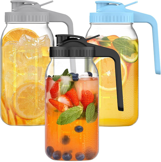 3-Pack 64oz Glass Mason Jar Pitchers with Leak-Proof Lids and Handles – Wide Mouth Design for Sun Tea, Cold Brew, Lemonade, Juice, Iced Tea, and Water