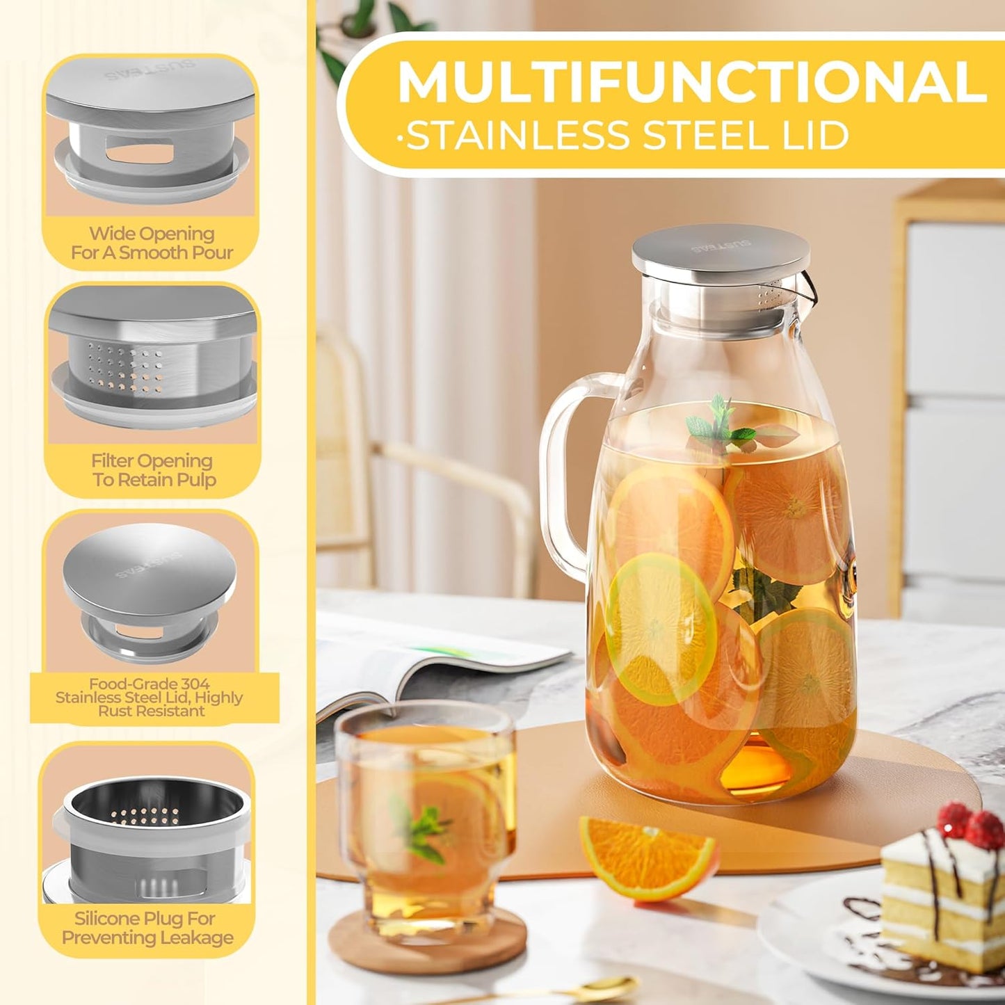 SUSTEAS 3 Liter 101 oz Glass Pitcher with Lid and Nozzle, Cold/Hot Water Glass Water Bottle, Ice Tea Water Jar for Refrigerator, Large Water Jar for Juice, Milk, Coffee or Homemade Drinks,Vase