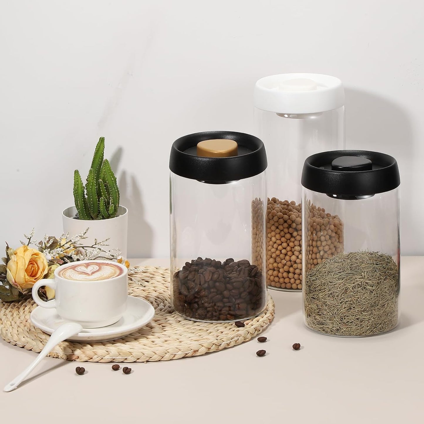 uxcell 2pcs Coffee Vacuum Container, 500ml/17oz Glass Coffee Bean Storage Container with Lids for Spices Biscuits Loose Leaf Tea, White