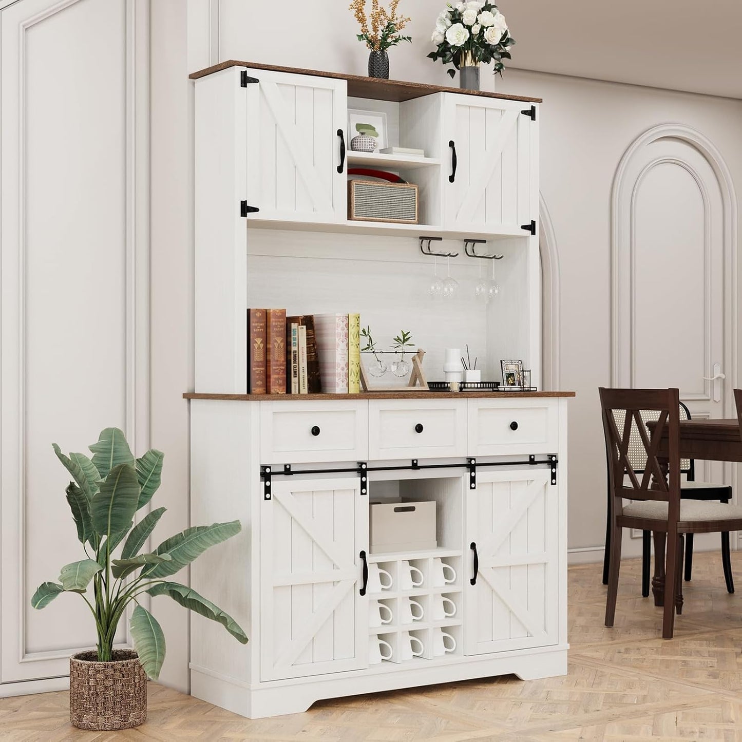 4 EVER WINNER 72" Coffee Bar Cabinet with Sliding Barn Door & Wine Racks, Hutch Cabinet with Storage and 3 Drawers, Farmhouse Coffee Bar with Wine Glass Holder for Dining Room Kitchen, White