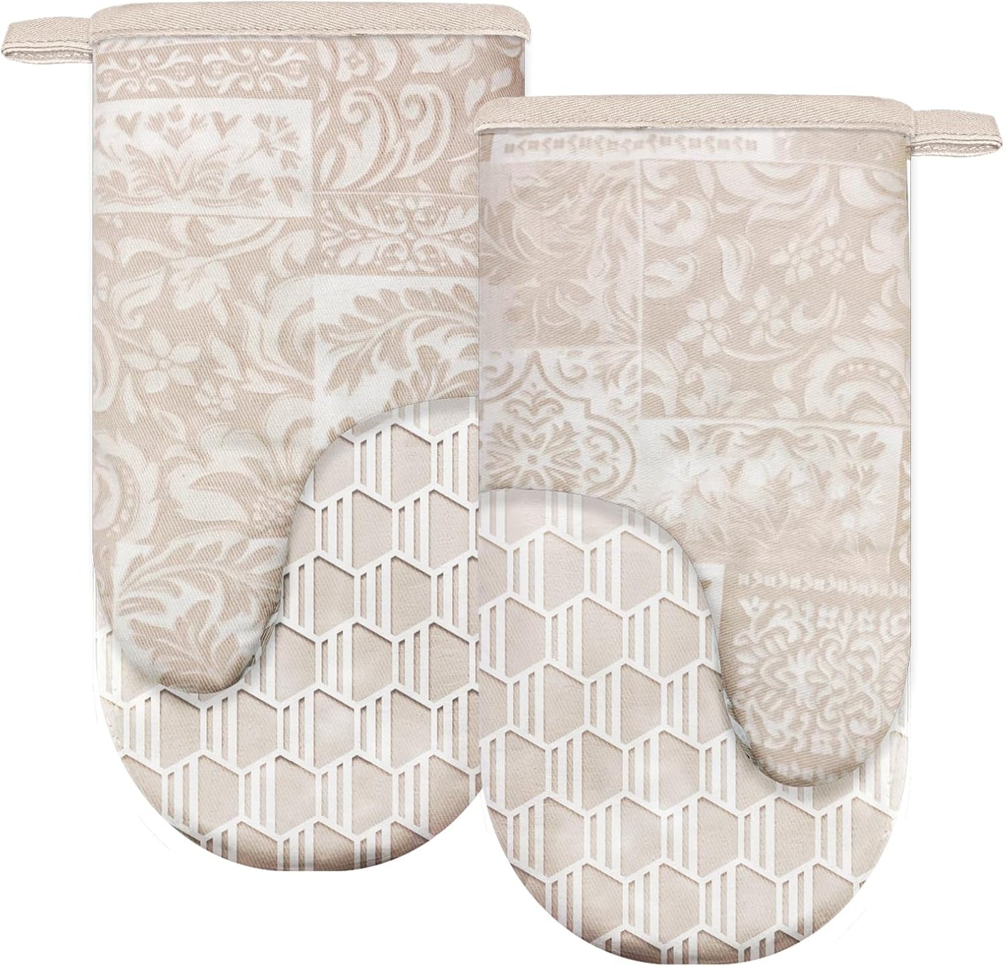 Thumb Oven Mitts, Heat and Slip Resistant Silicone Kitchen Mittens 2-Pack Set, Khaki Patchwork Flower Soft Long Oven Gloves, Flexible Thick Potholders for Safe Baking Cooking and Grill(Khaki)