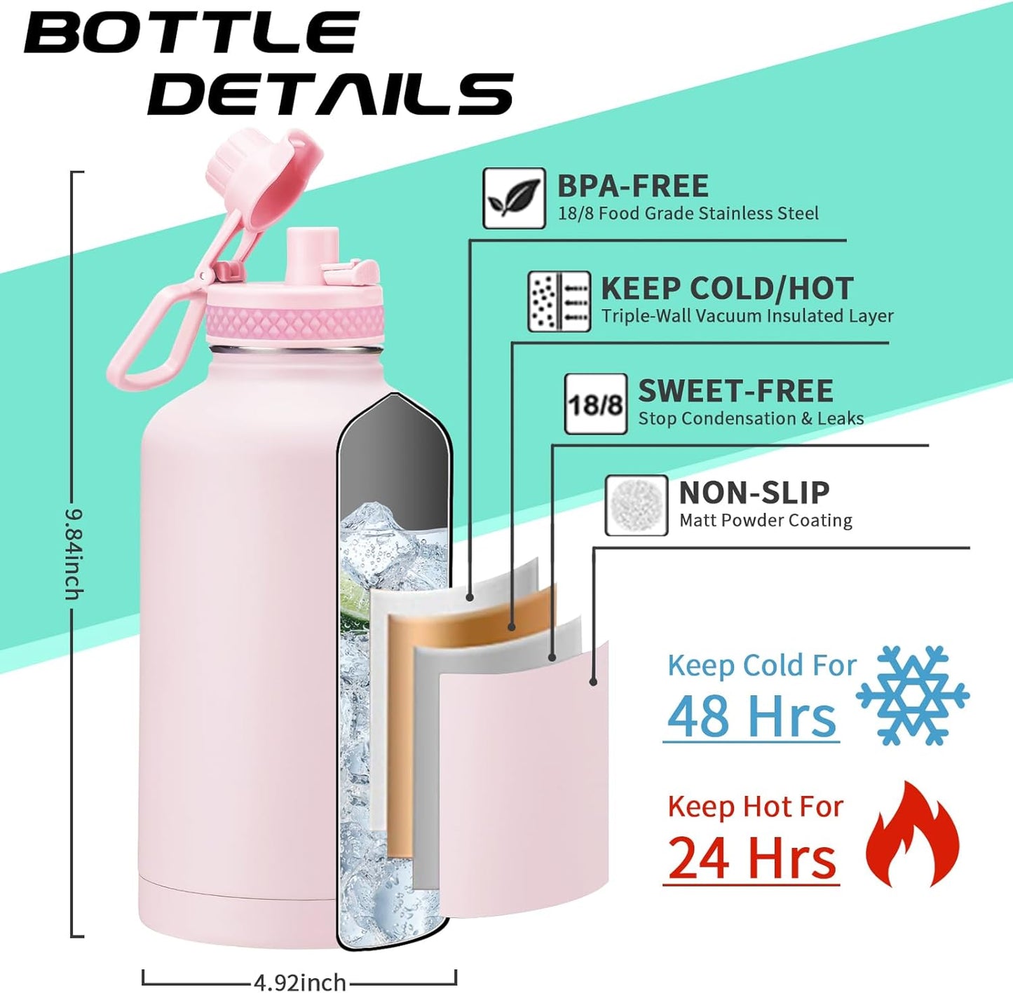Half Gallon Water-Bottle with Straw - Pop-up Chug Lid (Cold 48H & Hot 24H) 64oz Insulated Water Bottle Flask with Sleeve Strap, Paracord Handle, Bottle Boot, Pink Stainless Steel Metal Water Jug