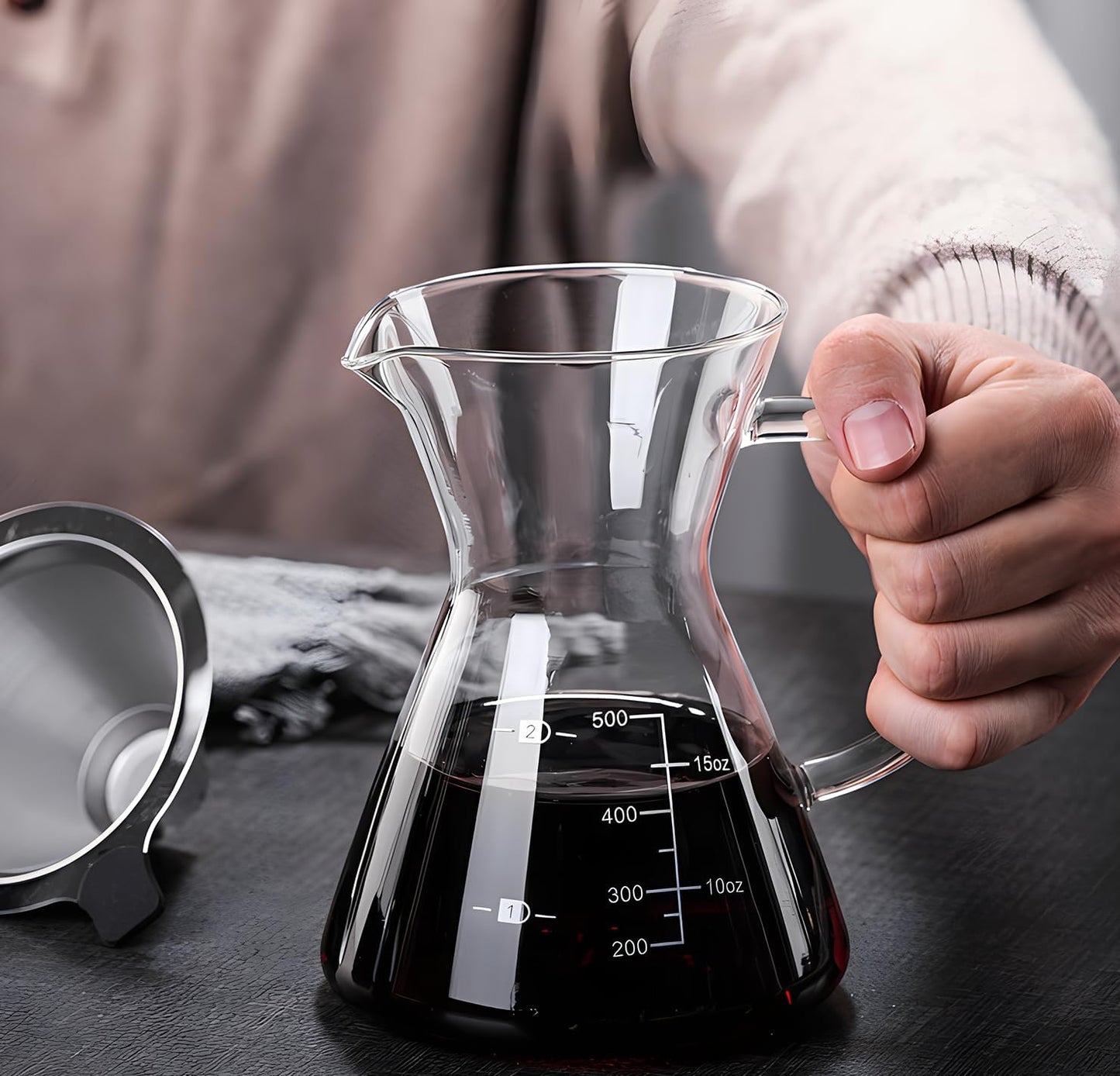 Pour Over Coffee Maker with Reusable Stainless Steel Drip Filter, Glass Drip Coffee Maker Set, Lead-Free Borosilicate Glass Coffee Carafe for 1-4Cup, Clear (500ml/17oz)