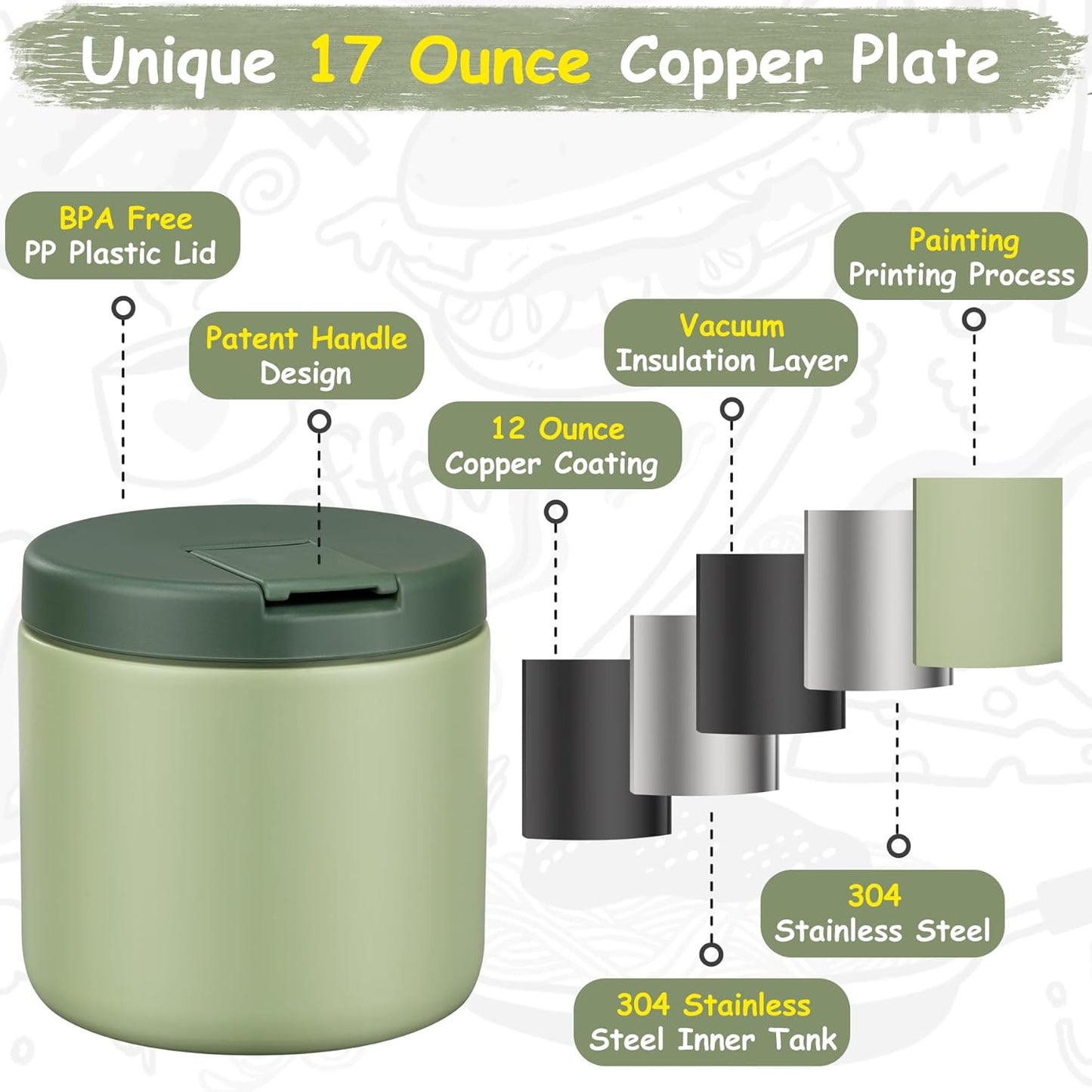 19oz Insulated Vacuum Food Jar with Buckle Lid Wide Mouth Soup Thermo for Hot Food Kids Leakproof Stainless Steel Lunch Container- Green-1Pack