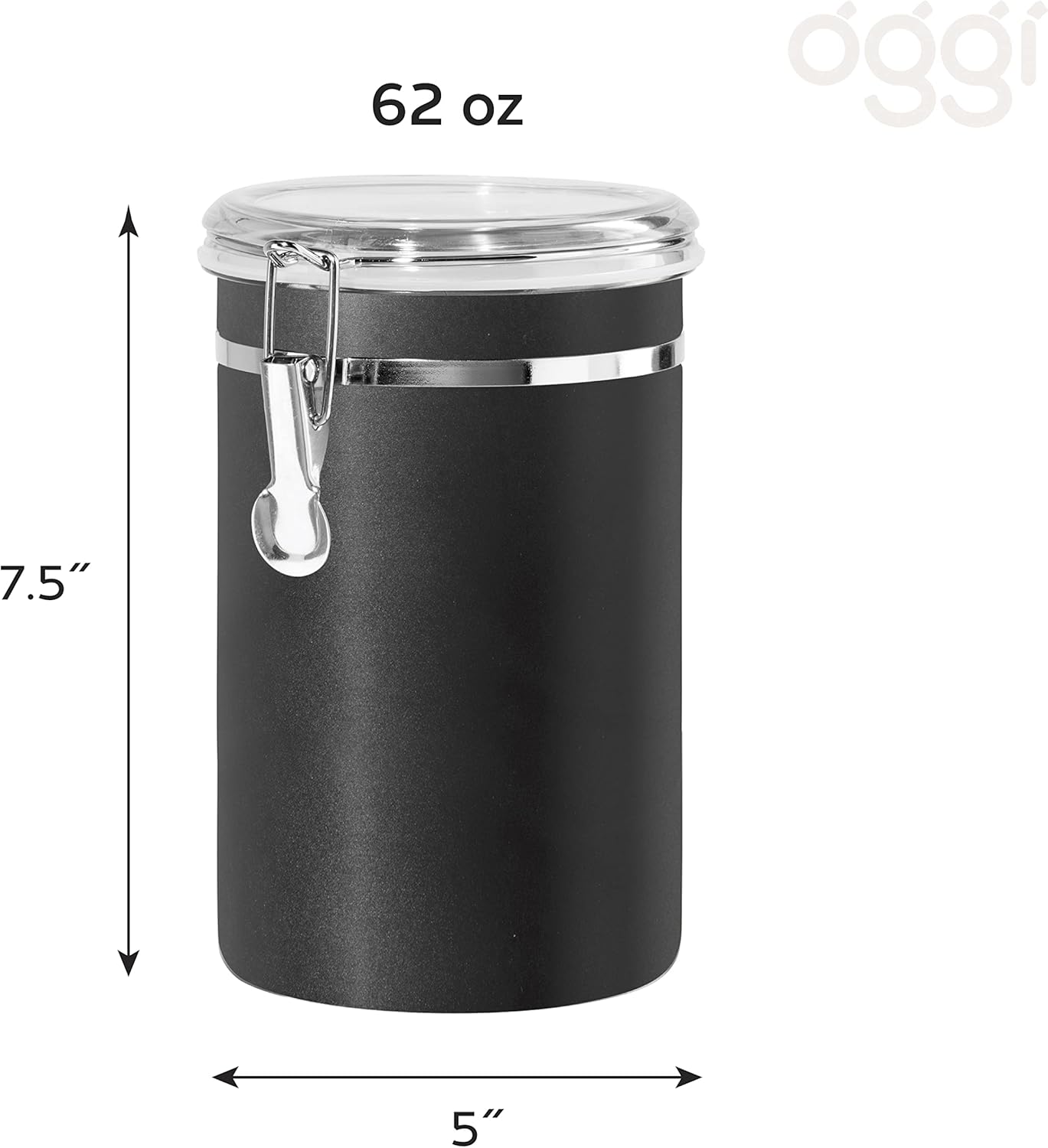 Oggi Stainless Steel Kitchen Canister 62 fl oz, Black - Airtight Clamp Lid, Clear See-Thru Top - Ideal for Kitchen Storage, Food Storage, Pantry Storage. Large Size 5" x 7.5".