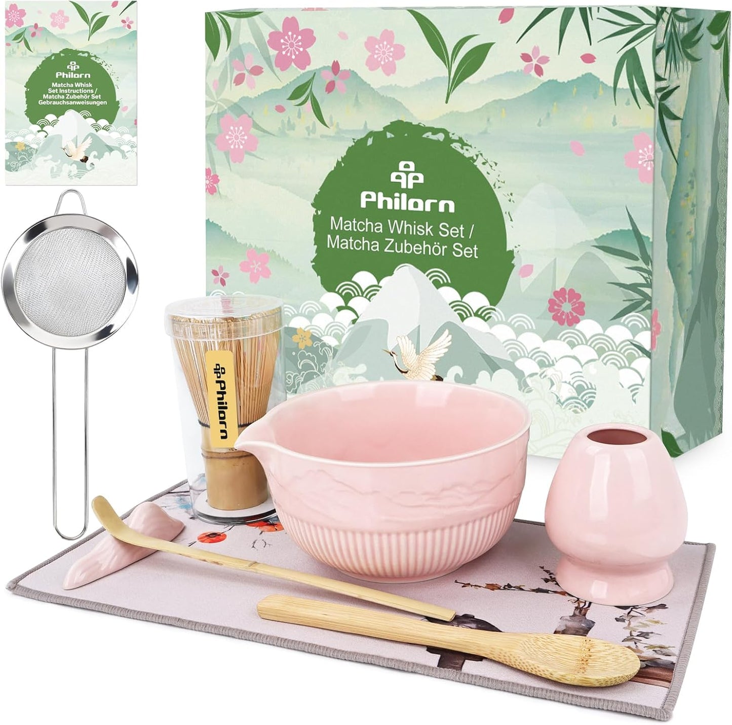 PHILORN Matcha Whisk Set 9Pcs Ceramic Matcha Kit Matcha Bowl with Spout, Whisk, Holder, Bamboo Scoop, Scoop Rest, Sifter and Tea Towe for Matcha Lover and Tea Ceremony (Pink)