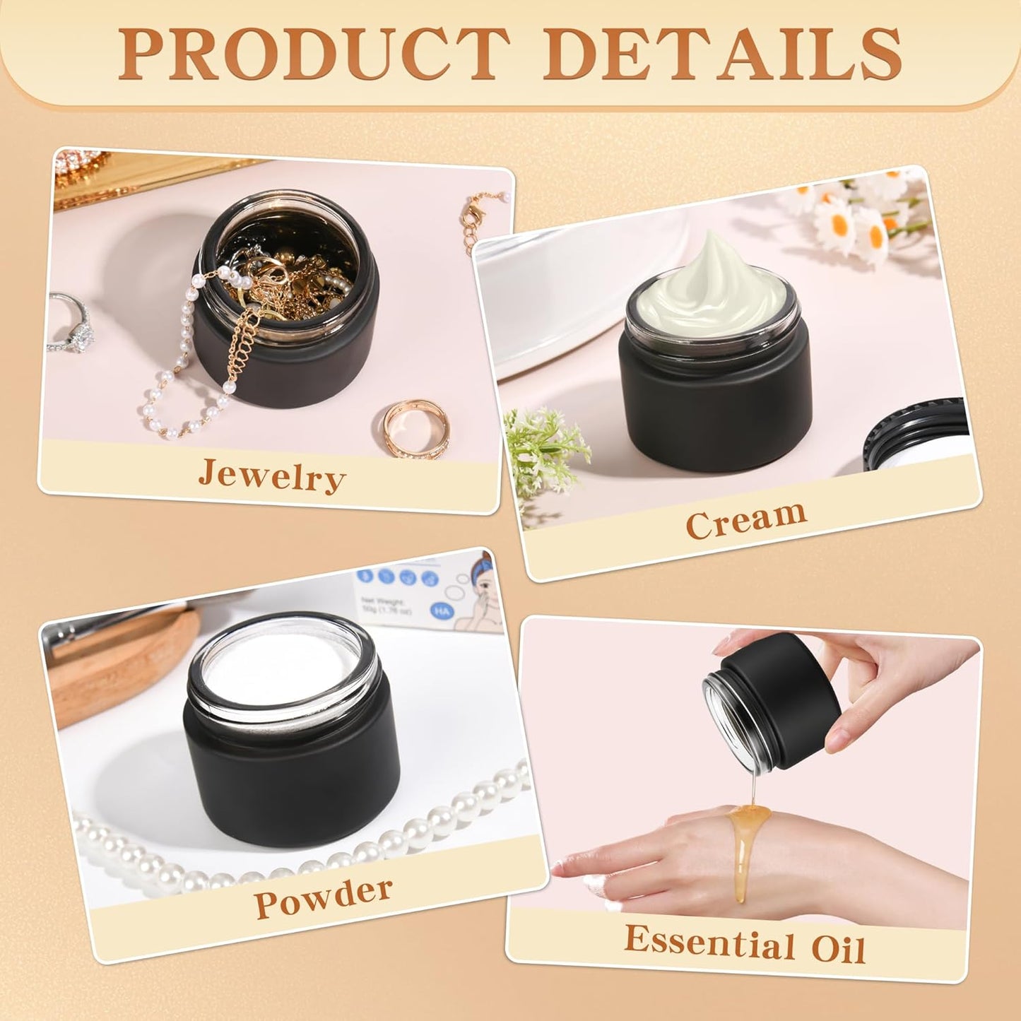 Glass Jars with Lids,Eco-Friendly Cosmetic Containers with Airtight Black Lids & Liners, Multi-Color Options for Cream, Lotion, Body Butter, DIY Skincare Travel Jars (Frosted Black, 2oz)