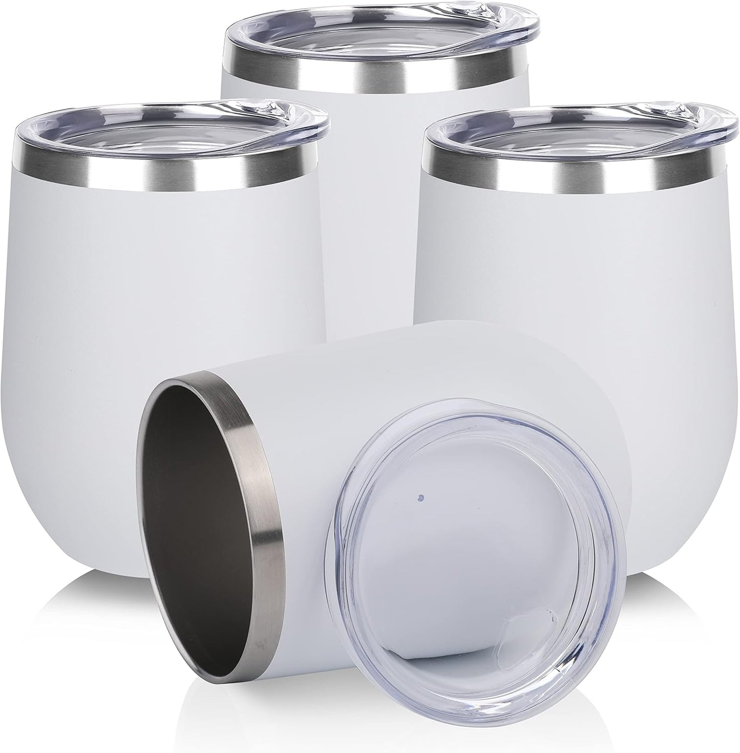 DOMICARE Stainless Steel Wine Tumbler Bulk with Lid, Personalized White Insulated Tumblers Set, 12oz Travel Coffee Cups Pack of 4