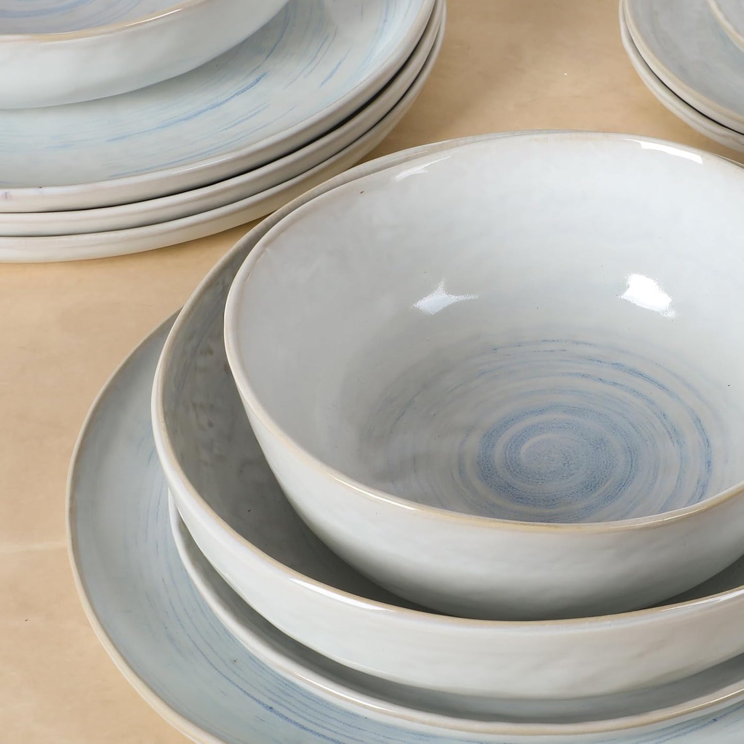 Gibson Elite Auckland Blue Swirl Stoneware Reactive Glaze 16 Piece (Service for 4) Plates and Bowls Dinnerware Set