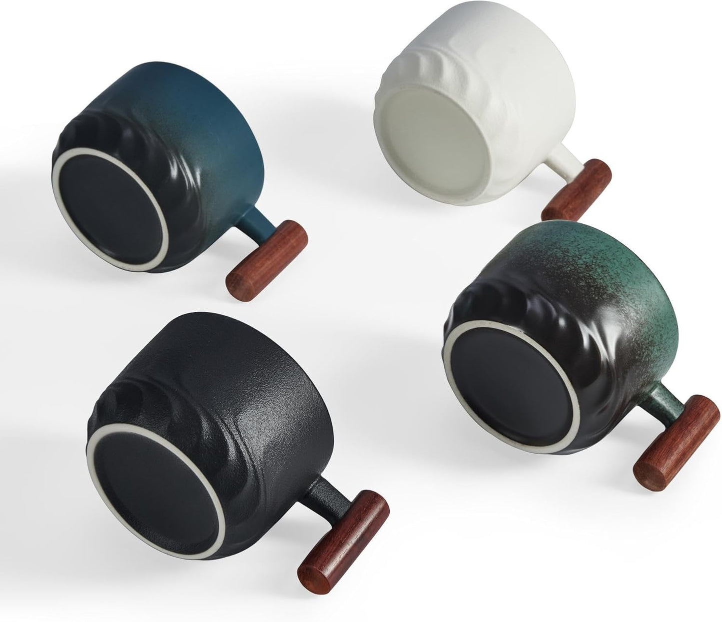 6 Oz Ceramic Espresso Mugs with Wooden Handle, Demitasse Cups for Double Shot Latte Cappuccino Lungo Tea Bag Beverage, Espresso Cups Set of 4