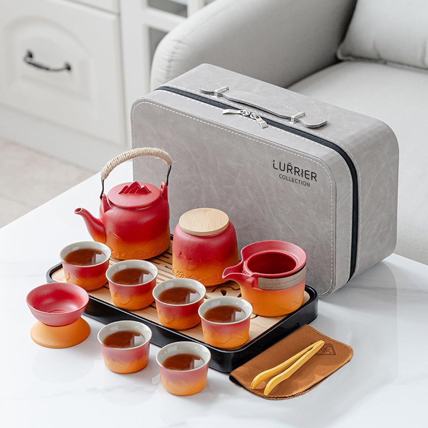 LURRIER Gongfu tea sets, Portable Ceramic TeaSet, Asian Tea sets for adult, Tea Gift sets, Grey leather case, Portable Travel Bag,Home,Gifting,Outdoor and Office(Red and Orange)