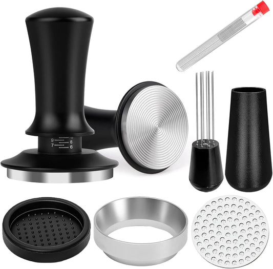 58mm Espresso Accessories Kit, Spring Loaded Calibrated Espresso Tamper, Wdt Tool Espresso and Silicone Tamper Mat,Dosing Funnel, Coffee Puck Screen and 12 Replacement Needles Fit 58mm Portafilters