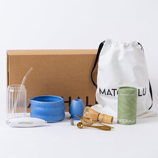 Premium 9 Piece Matcha Set Includes Ceramic Matcha Bowl, Bamboo Whisk & Holder, Stainless Steel Spoon & Sifter, Glass Cup & Straw, Electric Frother, Storage Bag - Gift for Matcha Lovers (Blue)