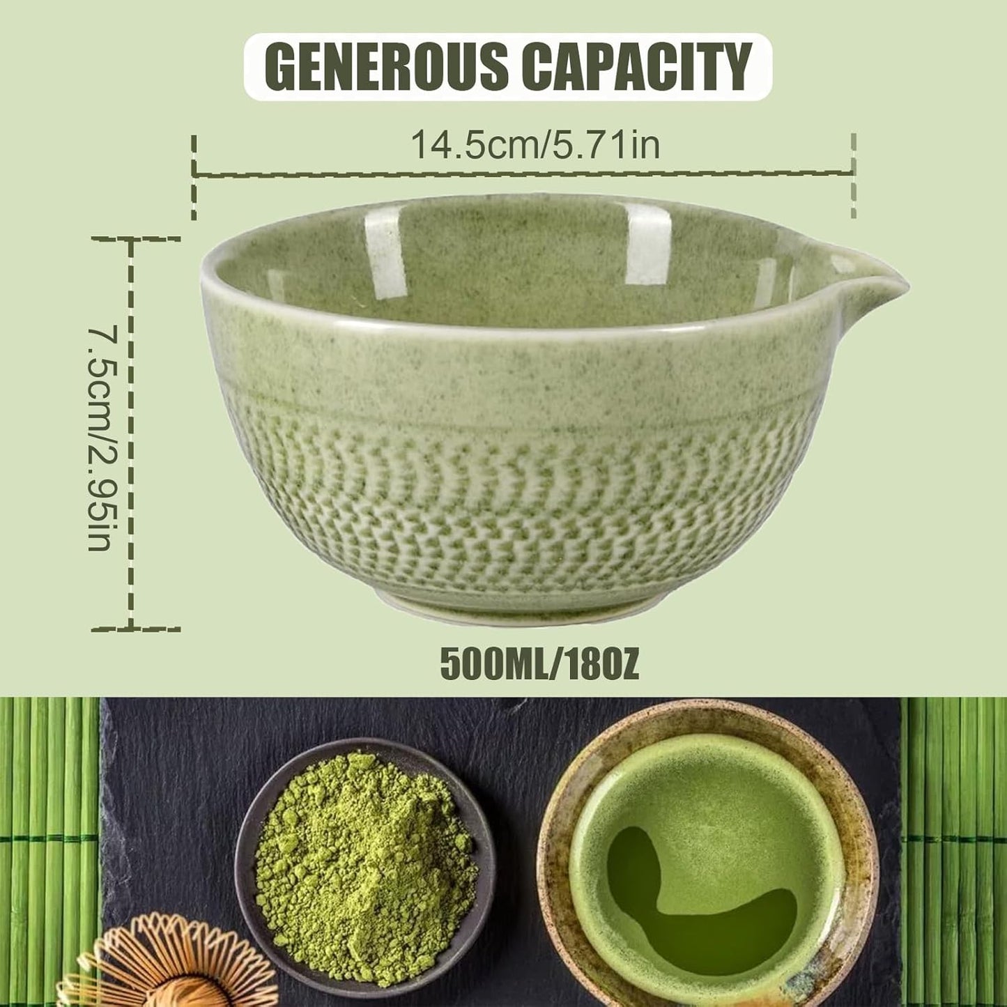 Ceramic Japanese Style Matcha Bowl Whisk Holder Temperature Resistant Braid Textured Matcha Tea Bowl Set With Spout for Trip (Green)