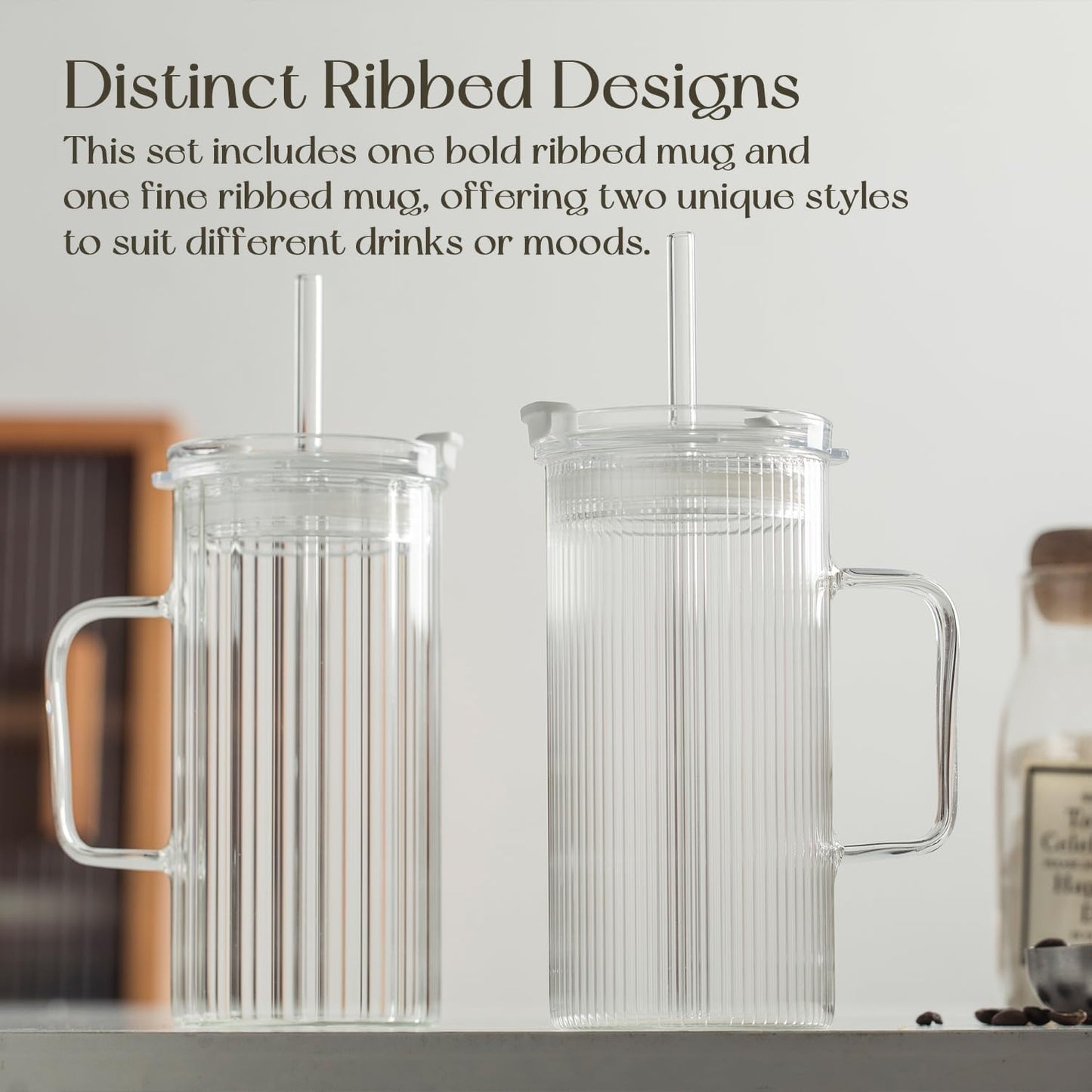 KEMORELA 2PCS Glass Tumbler with Lid and Straw - 24oz Ribbed Drinking Cups with Straw & Lid, Iced Coffee Cups - Reusable Glass Tumblers for Tea, Juice, Bubble Tea