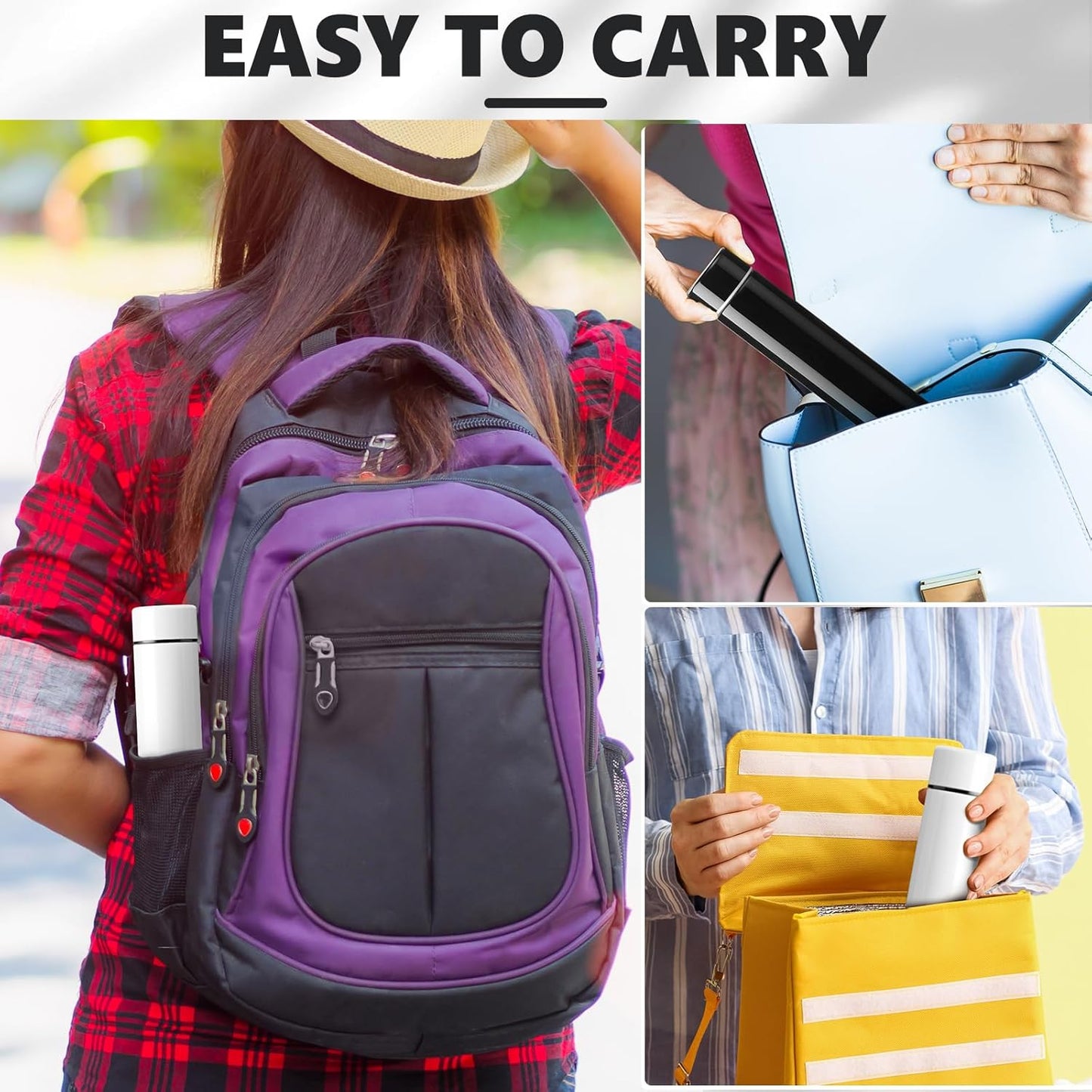 Vesici Slim Water Bottle 8.8 oz Small Stainless Steel Purse Compact Insulated Water Bottles Camping Travel Backpack Pocket Flask for Car Cold Coffee Tea(Black, White,2 Pack)