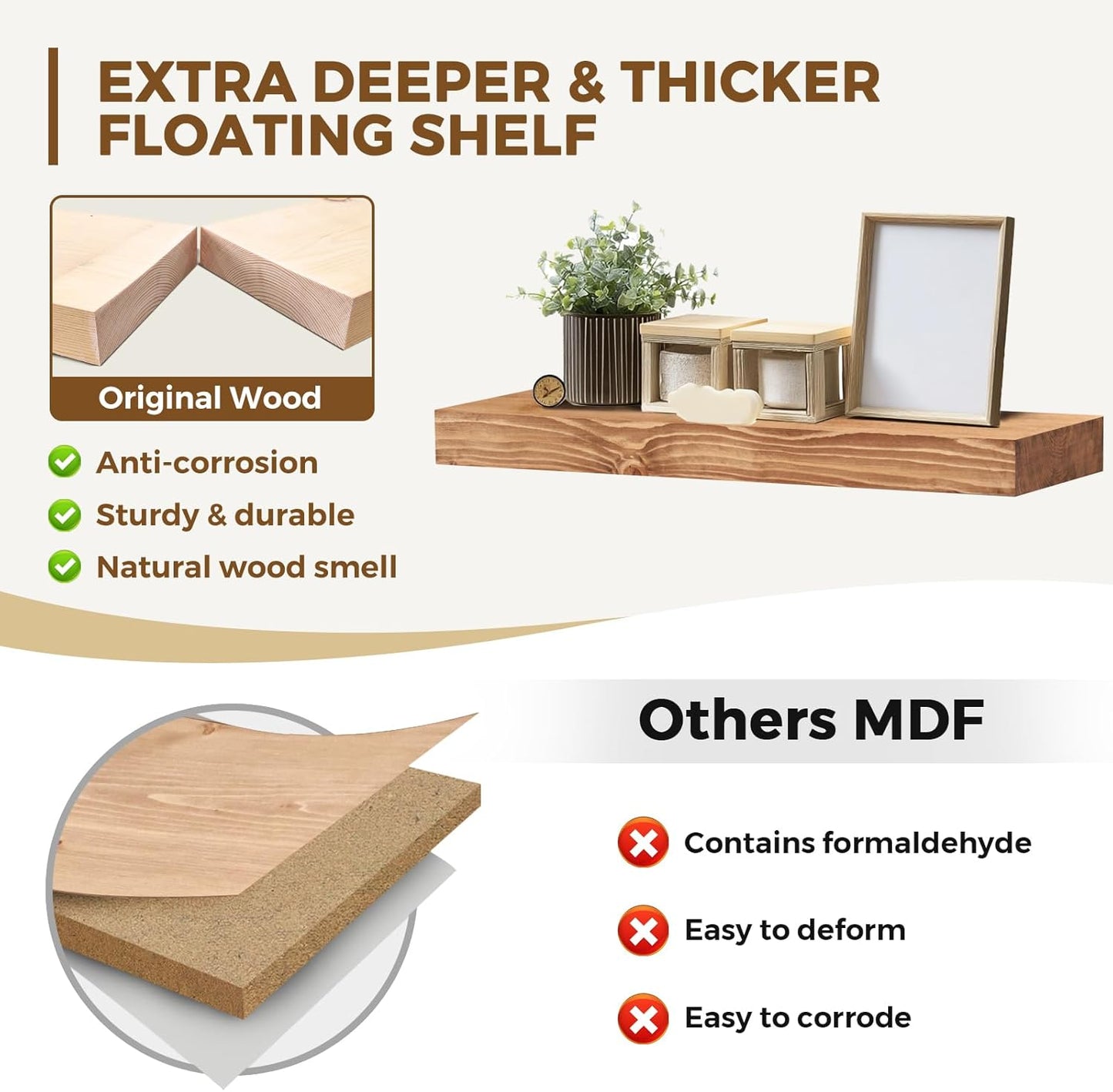 24x8x1.6 inch Floating Shelves Set of 2 – Solid Wood Rustic Oak Wall Mounted Shelf for Kitchen, Bathroom, Living Room