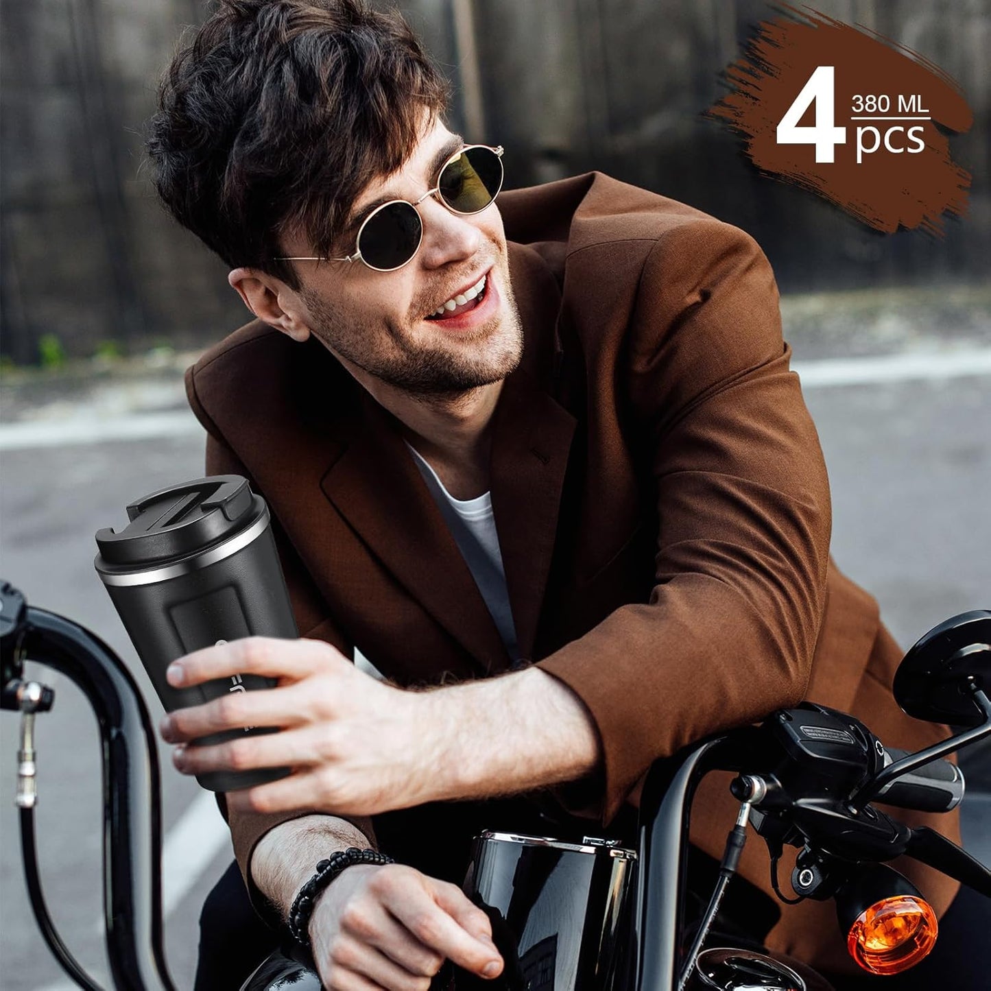 Sieral 4 Pcs 13 oz Travel Coffee Mug Insulated Reusable Coffee Cups with Leakproof Lid Stainless Steel Portable Tumbler for Keep Hot or Ice Milk Tea(Black)