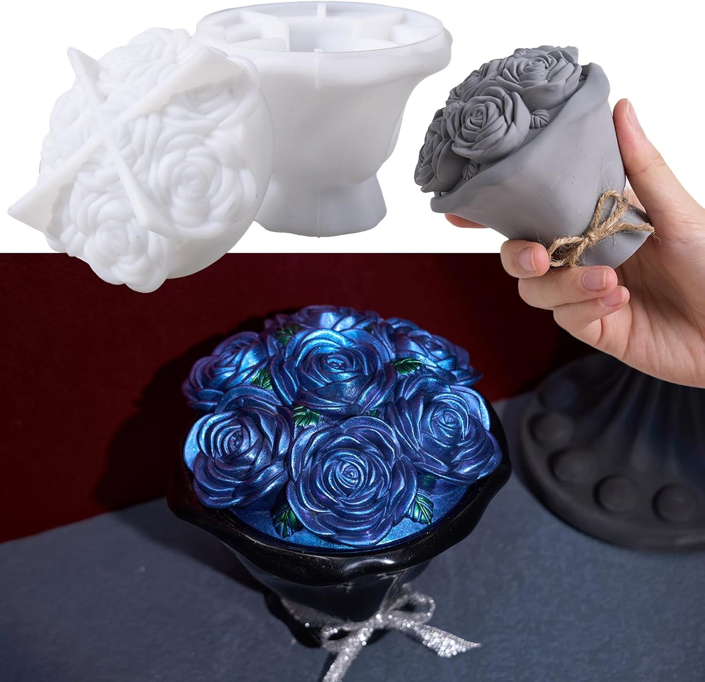 Epoxy Resin Storage Box Silicone Molds A Bouquet of Roses Jar with Lid DIY Jewelry Trinket Candy Container Silicone Mould Epoxy Concrete Cement Plaster Planter Candle Vessel Craft Molds