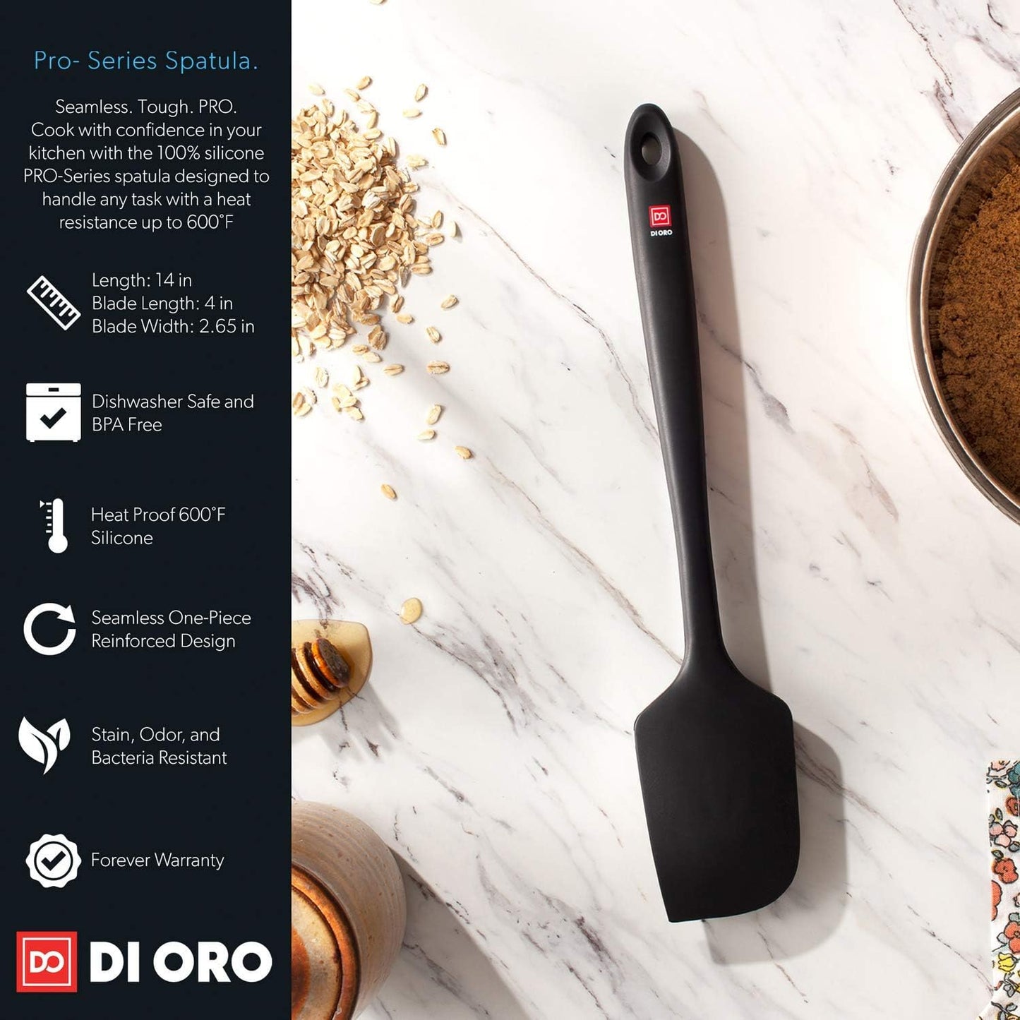 DI ORO Seamless Series Pro 14 Inch Extra Large Silicone Spatula - 600°F Heat-Resistant Rubber Spatula - Great for Baking, Cooking, and Scraping - BPA Free and LFGB Certified Food Safe Silicone (Black)