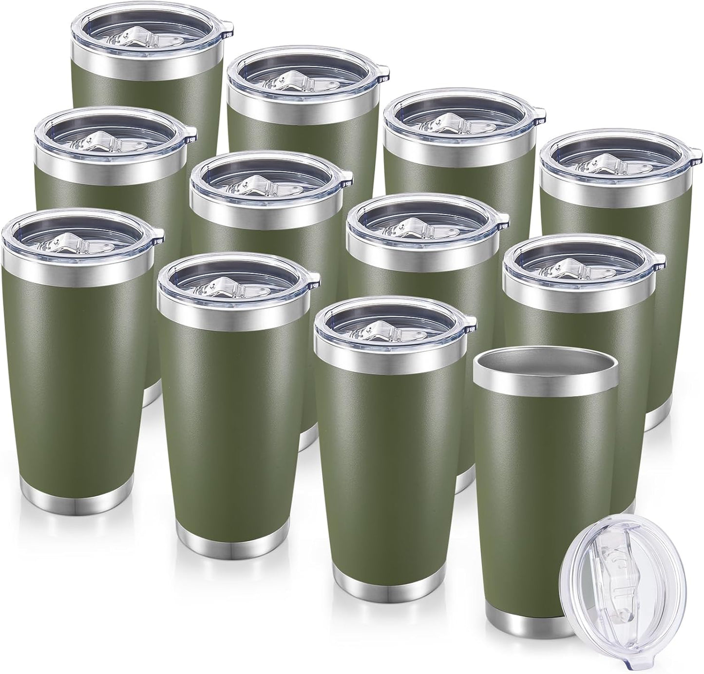 20 oz Tumblers Bulk Stainless Steel Tumbler with Lid Double Wall Vacuum Insulated Coffee Mug 20oz Powder Coated Cup for Hot and Cold Drinks, Army Green, 12 pack