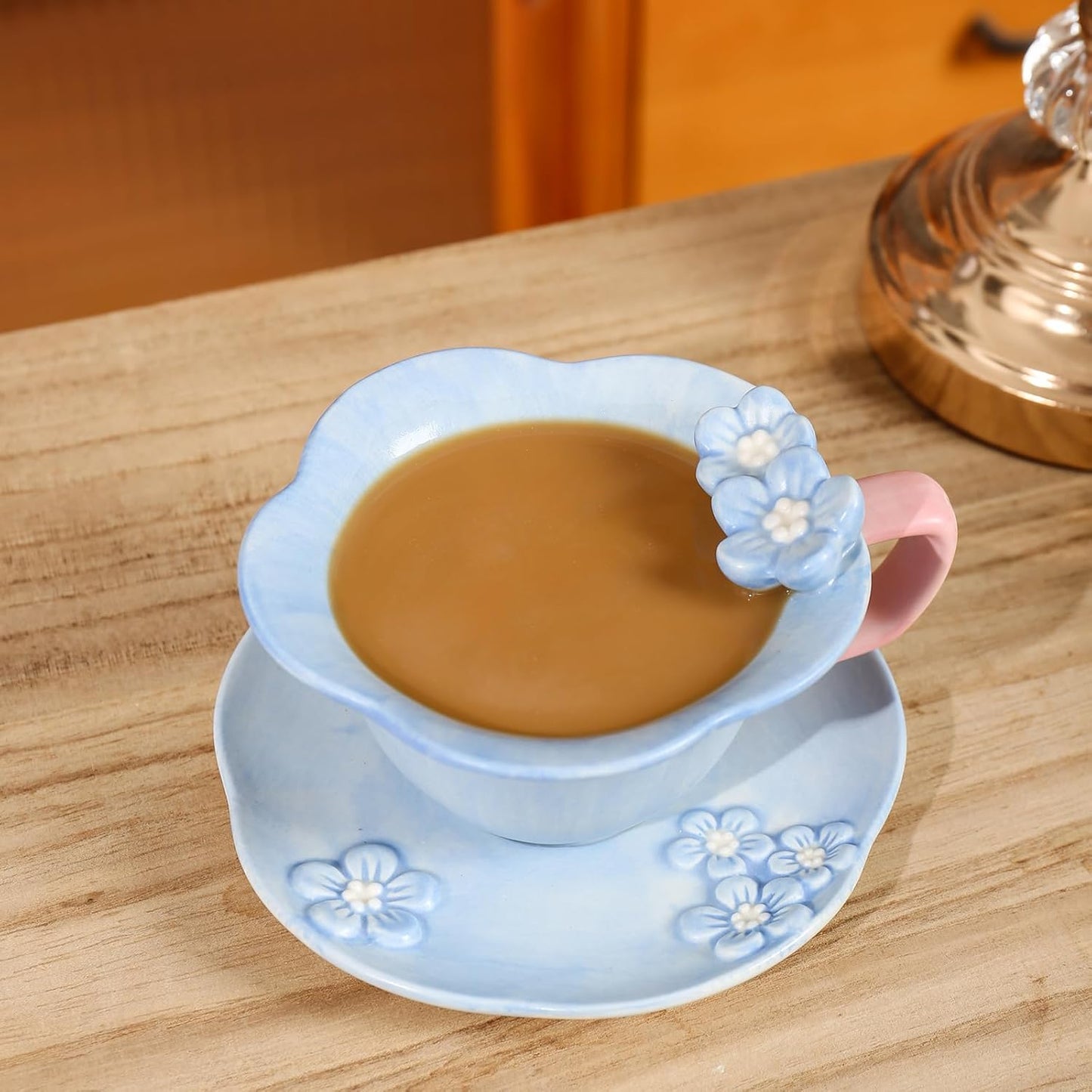 Floral Tea Cups and Saucers, Ceramic Cute Coffee Mug for Women Tea Party, Cappuccino Latte Milk (Blue)