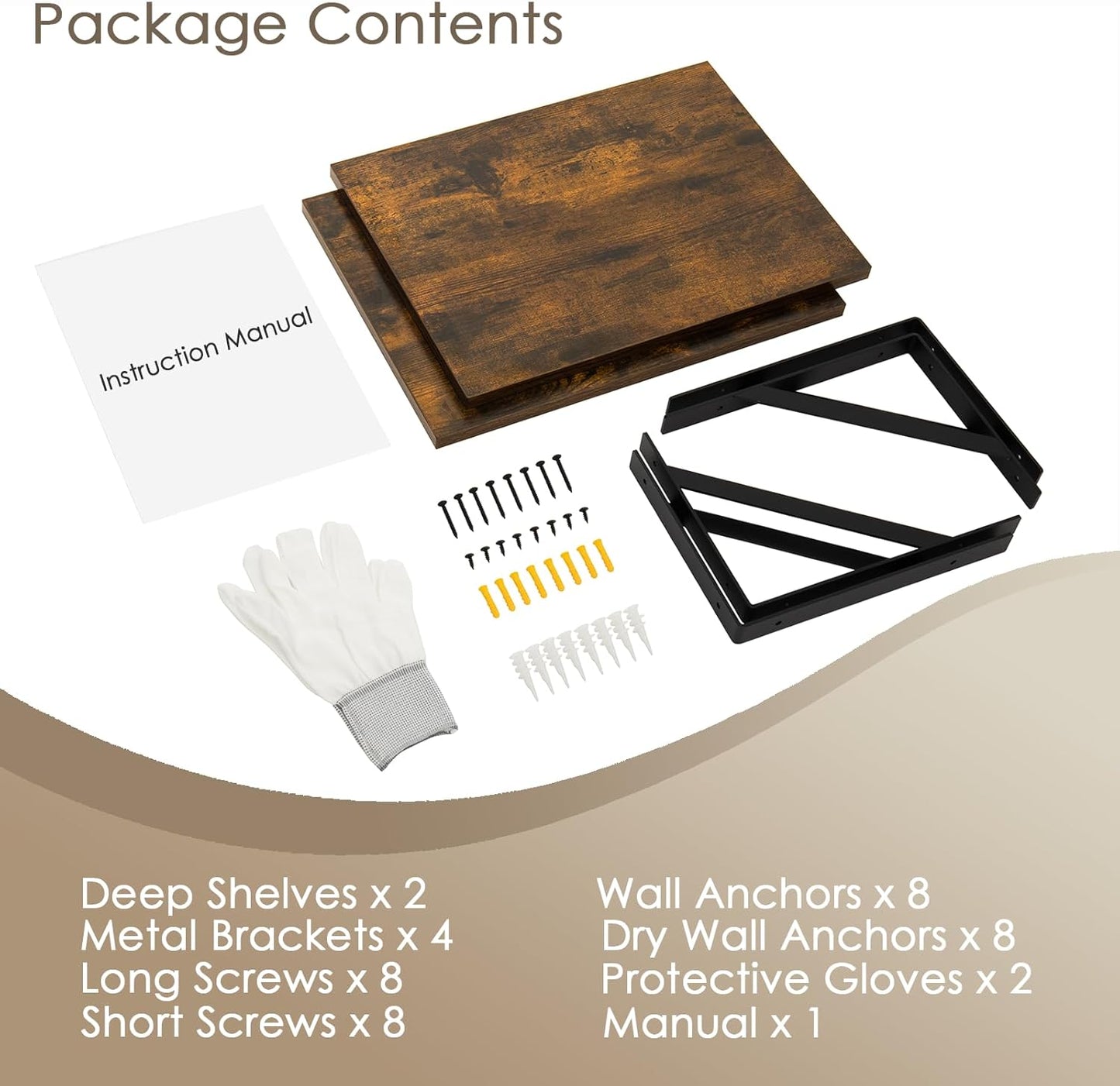 DINZI LVJ Deep Floating Shelves, 16"W x 12"D Wall Shelves Set of 2, Wide Display Shelf Wall Mounted with Brackets, Easy-to-Install Floating Bookshelf for Living Room, Bathroom, Bedroom, Rustic Brown