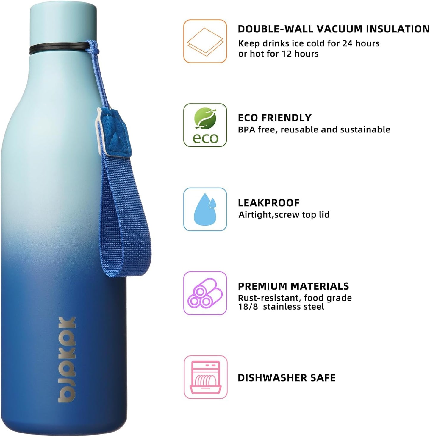 BJPKPK Insulated Water Bottles, 25 oz Stainless Steel Metal Water Bottle with Strap, BPA Free Leak Proof Thermos, Mugs, Flasks, Reusable Water Bottle for Sports & Travel, Sky