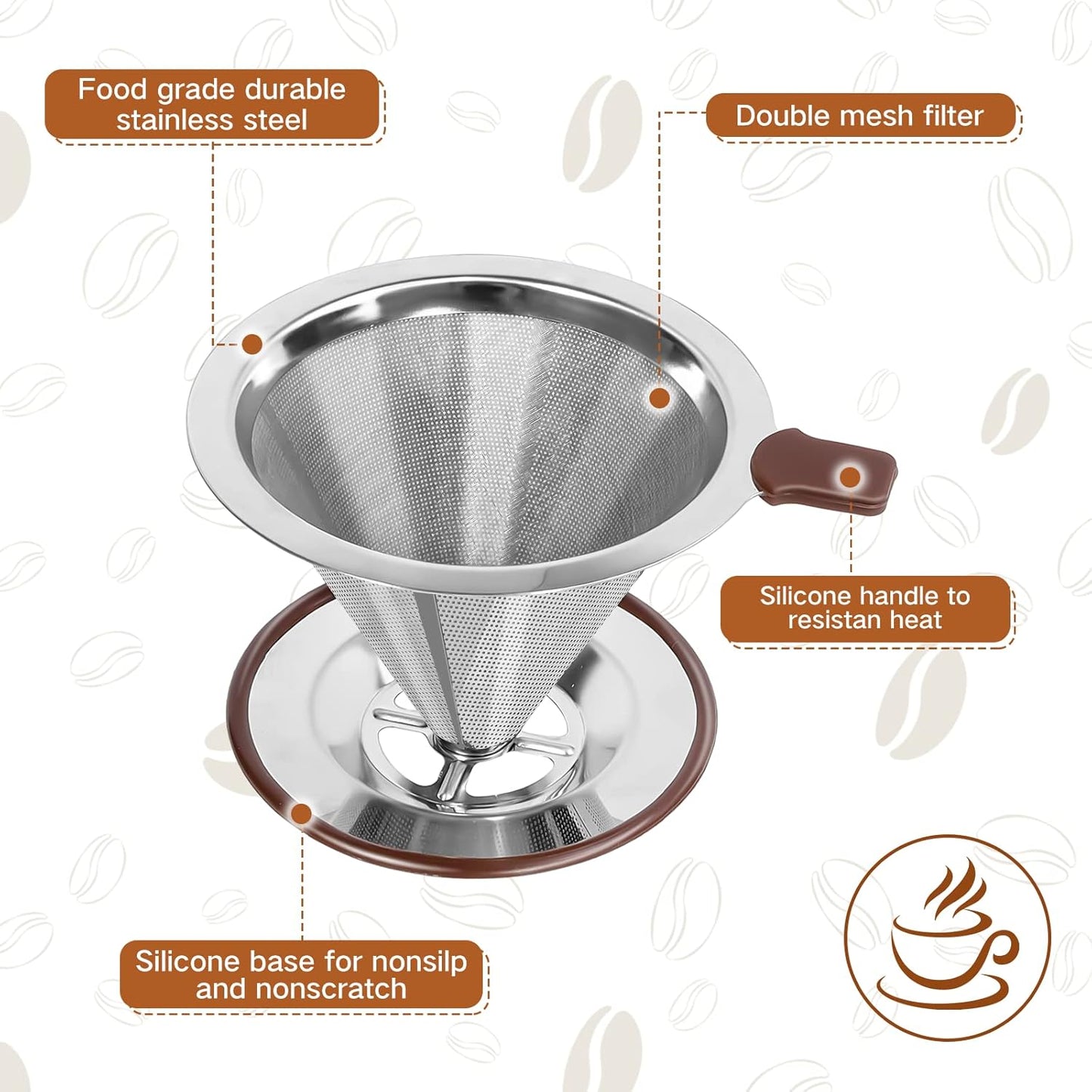 Pour Over Coffee Dripper，Reusable Stainless Steel Drip Cone Coffee Filter, Update Double Ultra Fine Micro Mesh Filter, Professional Paperless Drip Brew Coffee Cone Maker with Cup Stand,1-4 Cup