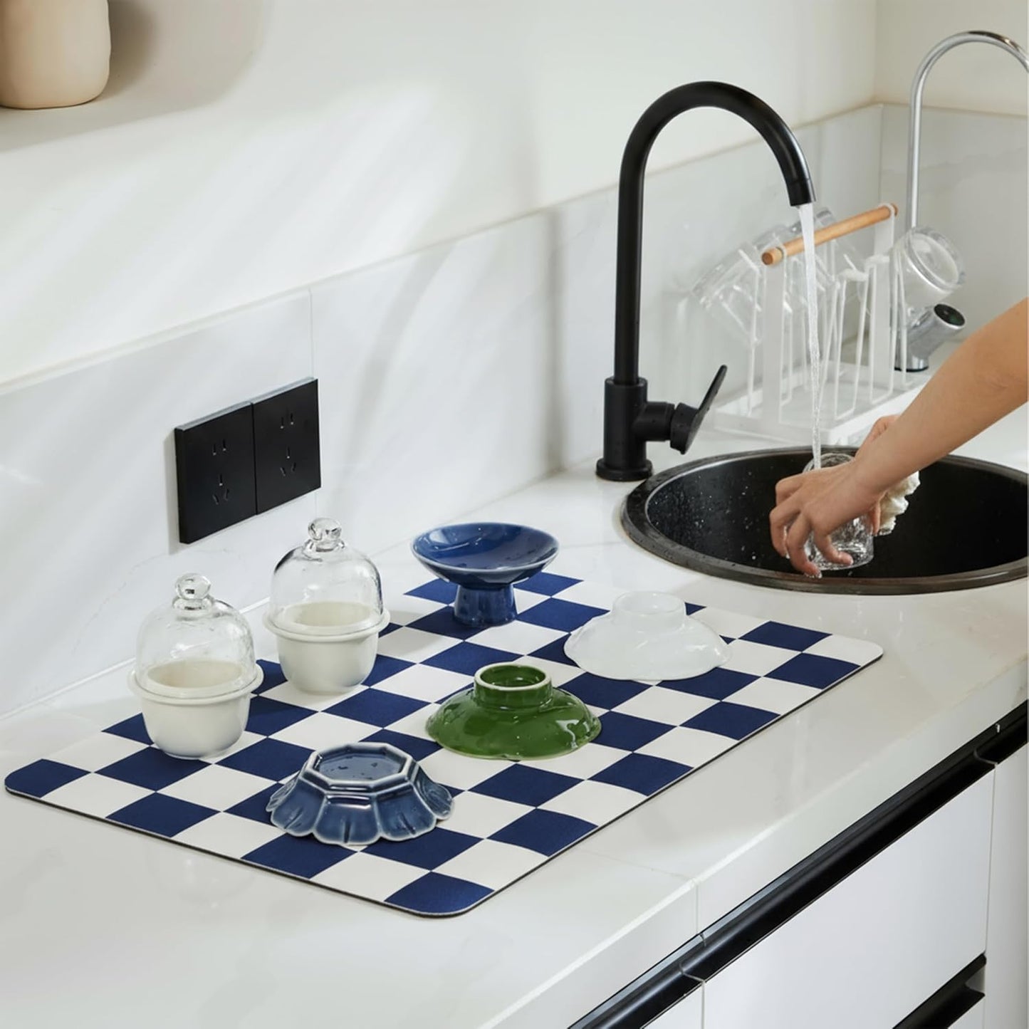 Checkered Dish Drying Mat for Kitchen Counter, Coffee Bar Station Accessories, Retro Cute Aesthetic Modern Absorbent Drainer Mat Kitchen Drying Mat Easy Clean (Navy Blue, 24" x 16")