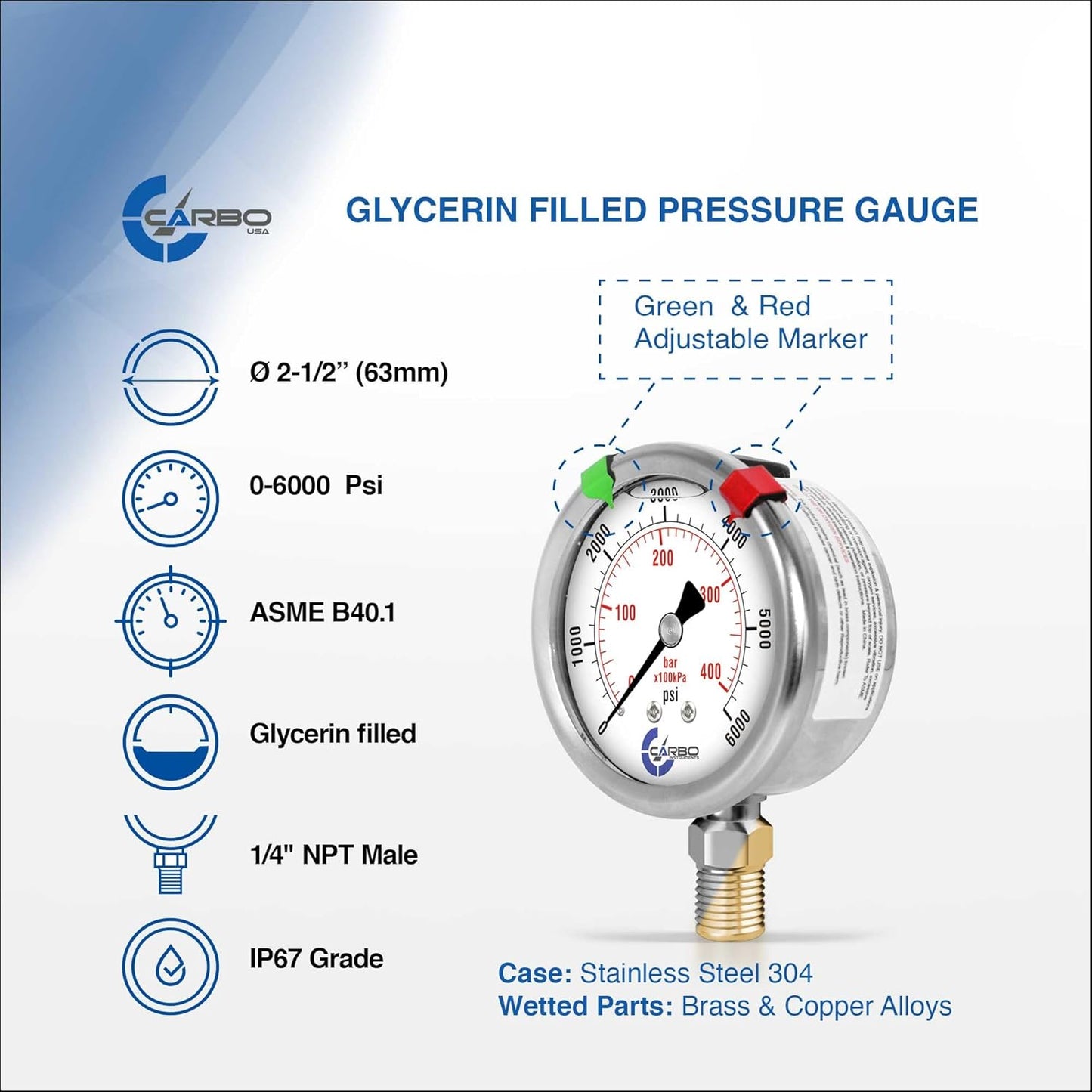 Stainless Steel Pressure Gauge Dual Display (0-6000 psi/kPa) - 2 1-2" Glycerine Liquid Filled Water Air Oil Gas Gauge with Polycarbonate Lens & Brass Connection -1/4" NPT Lower Mount