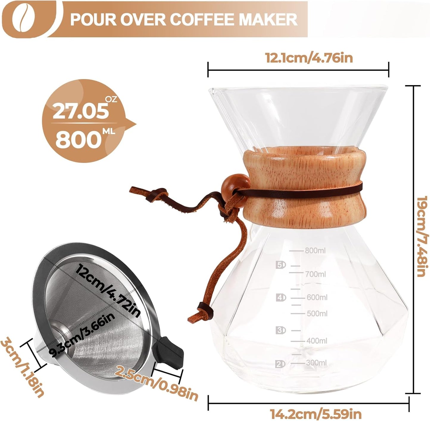 Pour Over Coffee Maker 800ml with 304 Stainless Steel Filter and Wooden Collar Holder Borosilicate Glass Drip Coffeemaker Server Set Clear Hand Brew Dripper Carafe for Home Camping Travel 27oz