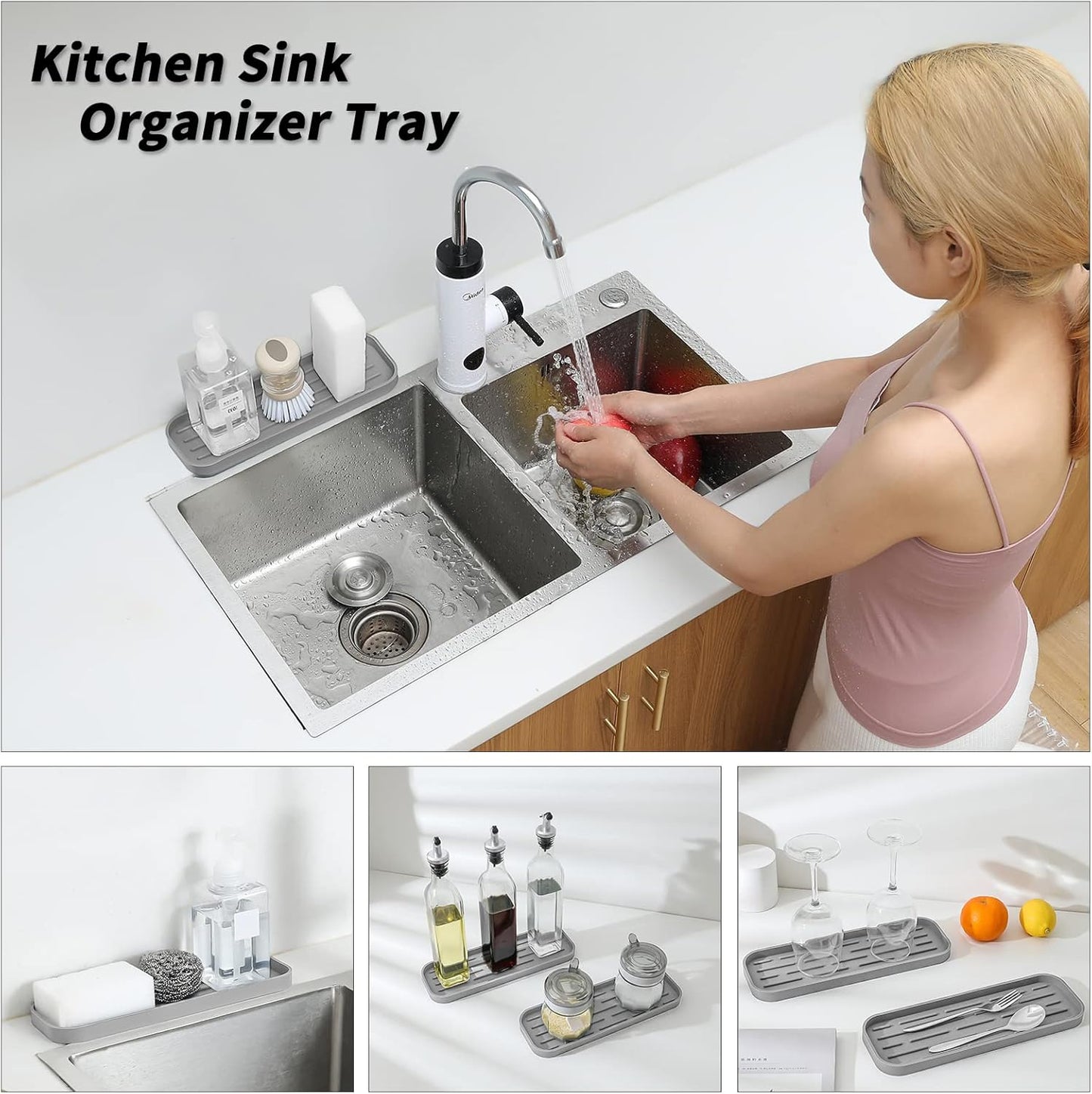 Silicone Kitchen Sink Organizer Tray for Multiple Usage,Eco-Friendly Sponges Holder for Kitchen Bathroom Counter or Sink,Dish Soap Dispenser,Scrubber,Bottle,Cup (Grey, 12"×4")