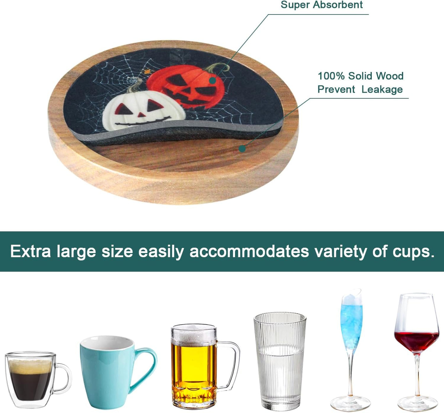 Halloween Coasters Set of 6, Pumpkins Coaster, Minacun Black Absorbent Coasters with Holder Halloween Thanksgiving Themed Party Decoration 4.3 Inch