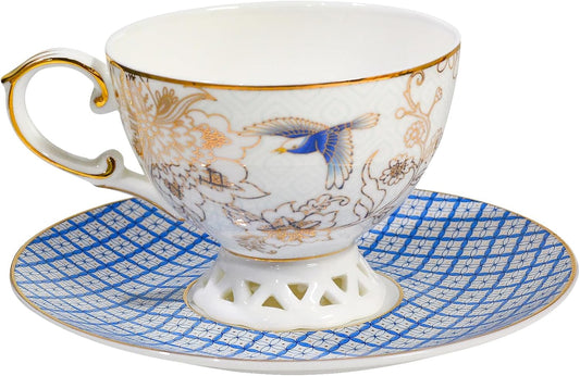 ACMLIFE Bone China Tea Cup and Saucer Set for 1, Vintage Floral Tea Cup with Saucer, Spoon and Gift Box, 6.8 oz (Blue B)