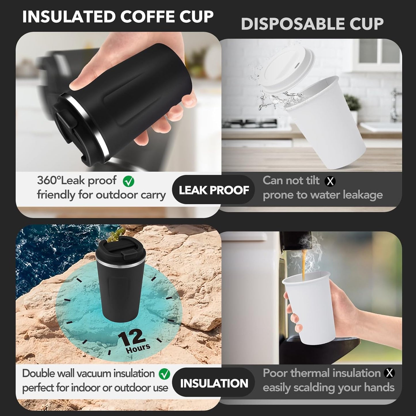 Volhoply 12 oz Double Wall Insulated Vacuum Travel Coffee Mugs with Flip Lid Bulk 2 Pack,Reusable Stainless Steel Leak Proof Coffee Cup,Portable Cafe Thermal Tumbler for Hot & Cold Drinks(Black,2 Set)